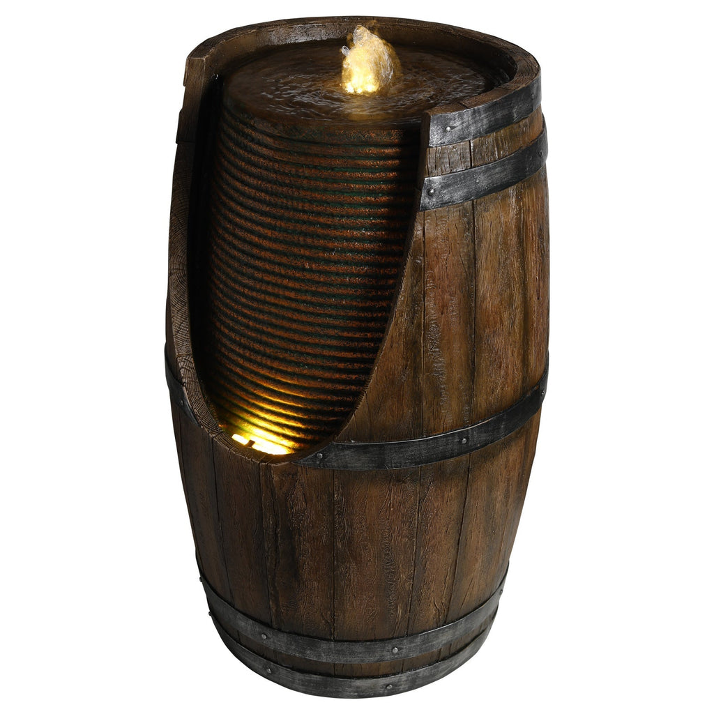 Outdoor Barrel Water Fountain with Rustic Wood Look Resin
