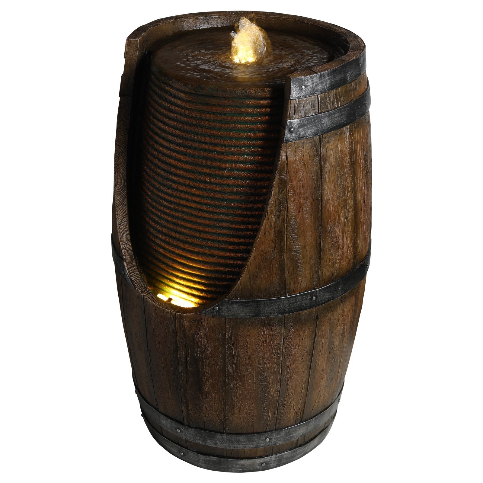 Outdoor Barrel Water Fountain with Rustic Wood Look Resin