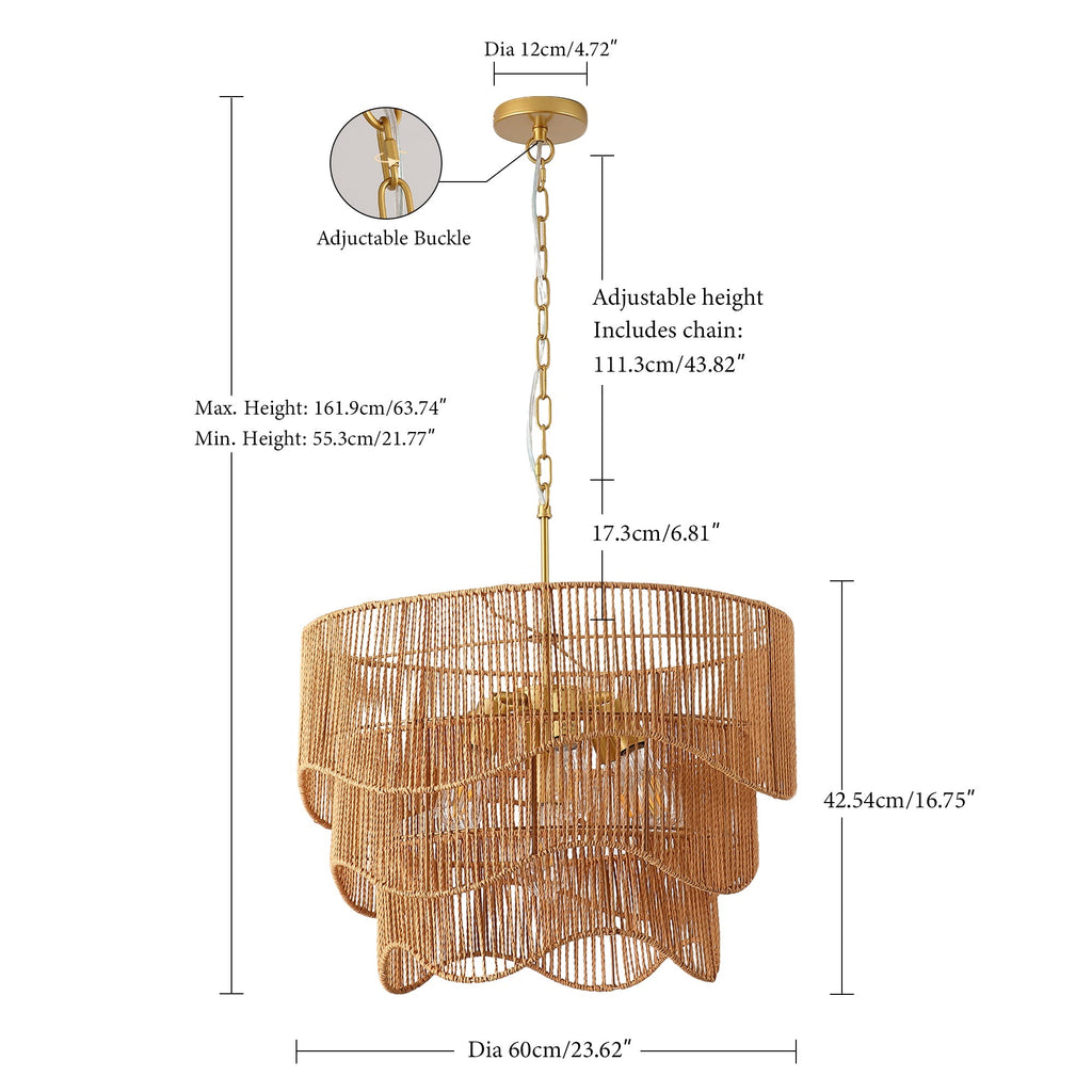 Handwoven Paper Rattan Boho Chandelier with 7-Light E26 Base