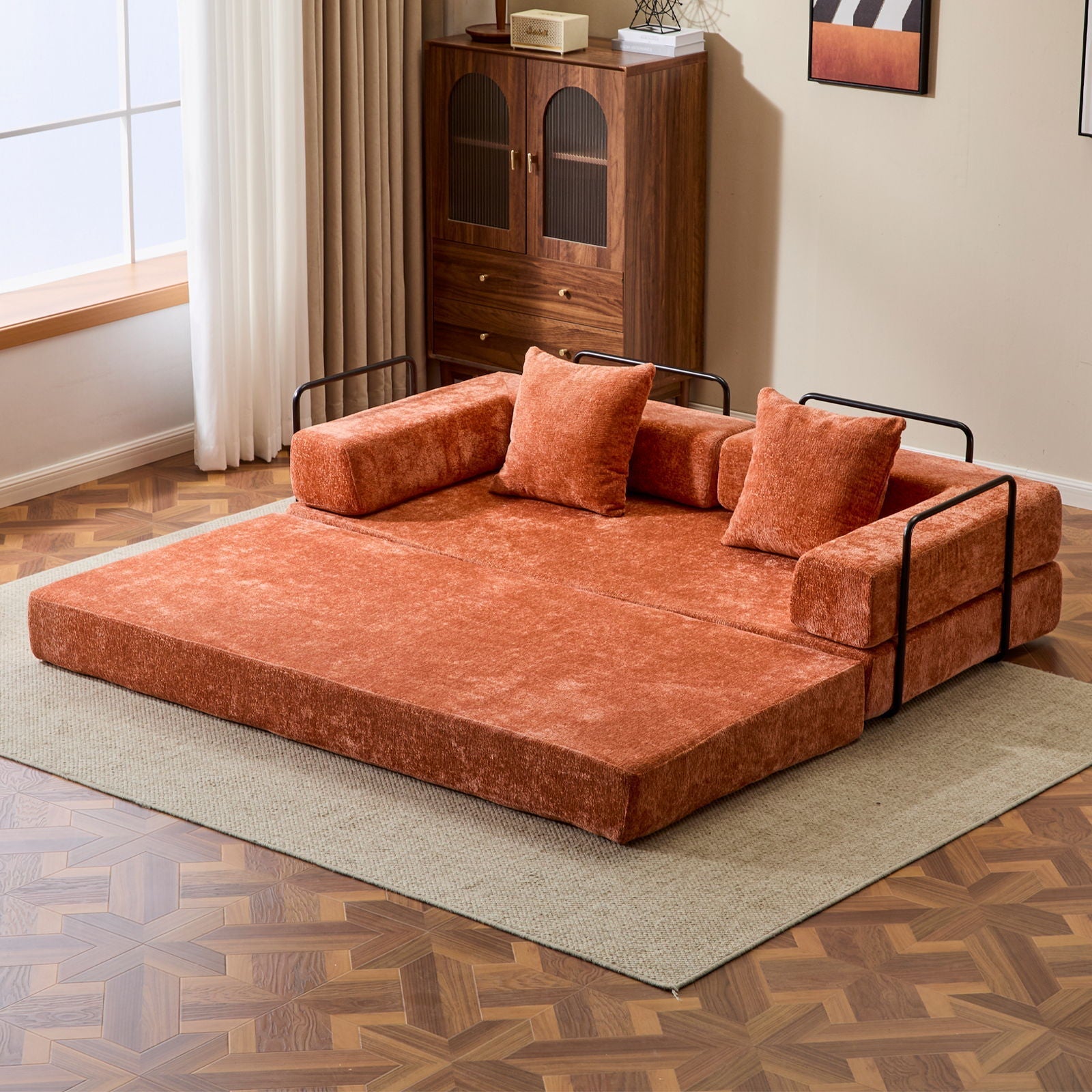 Convertible Floor Sofa Bed With Pillow Back Support Armrest