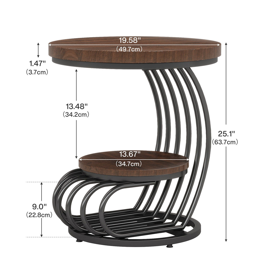 Round Vintage End Table With 2 Tier Storage