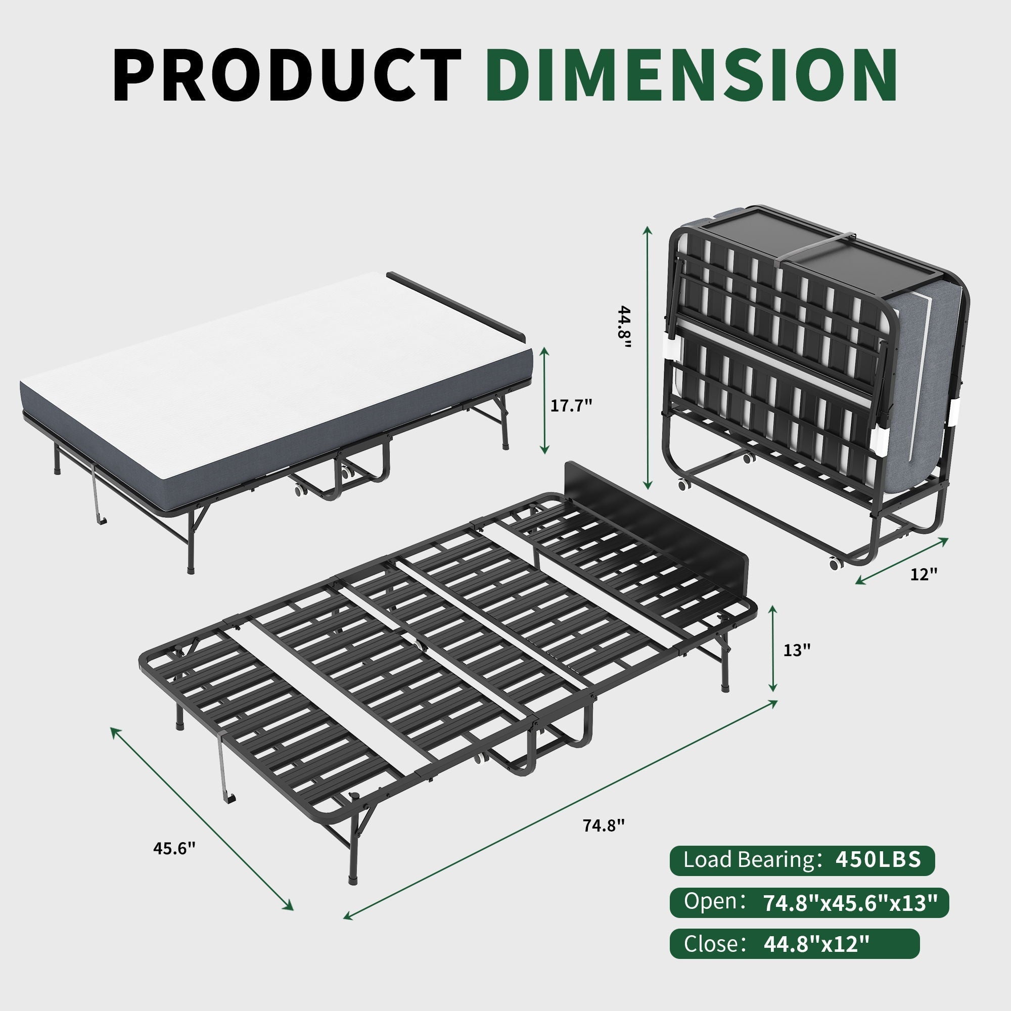 Twin Wide Folding Bed with Adjustable Headboard and Memory Foam Mattress
