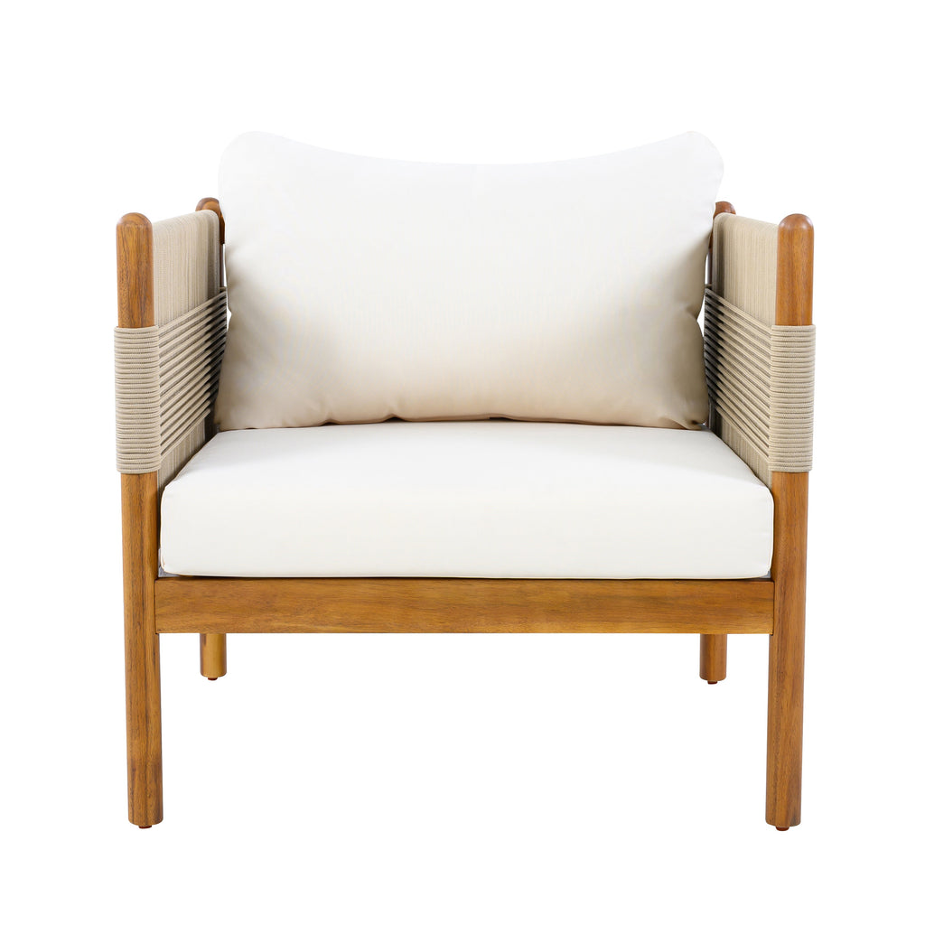 Outdoor Acacia Wood Club Chair with Diamond Rope Weave & Cushions, Teak Finish
