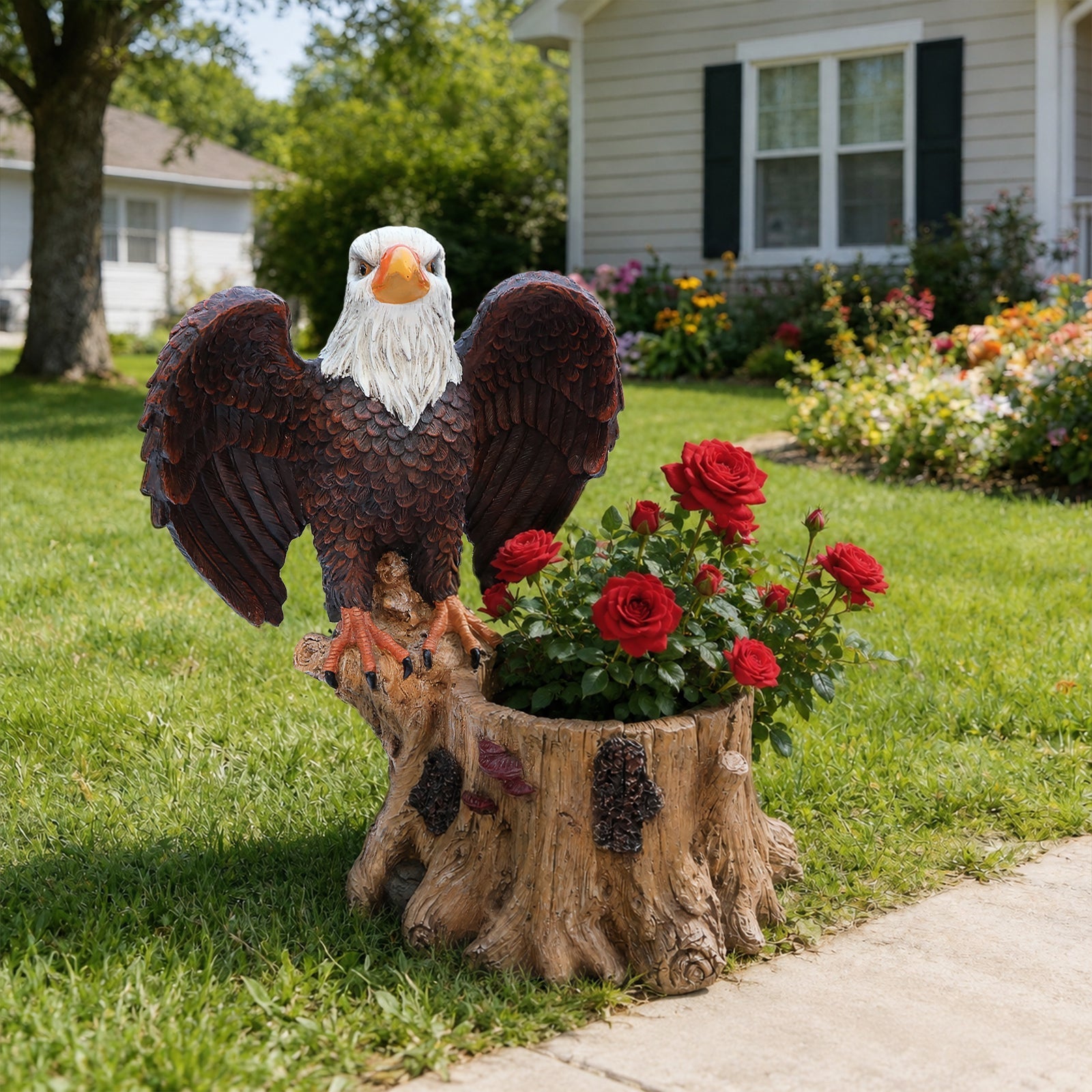 Majestic Eagle Garden Planter Pot on Tree Stump Base