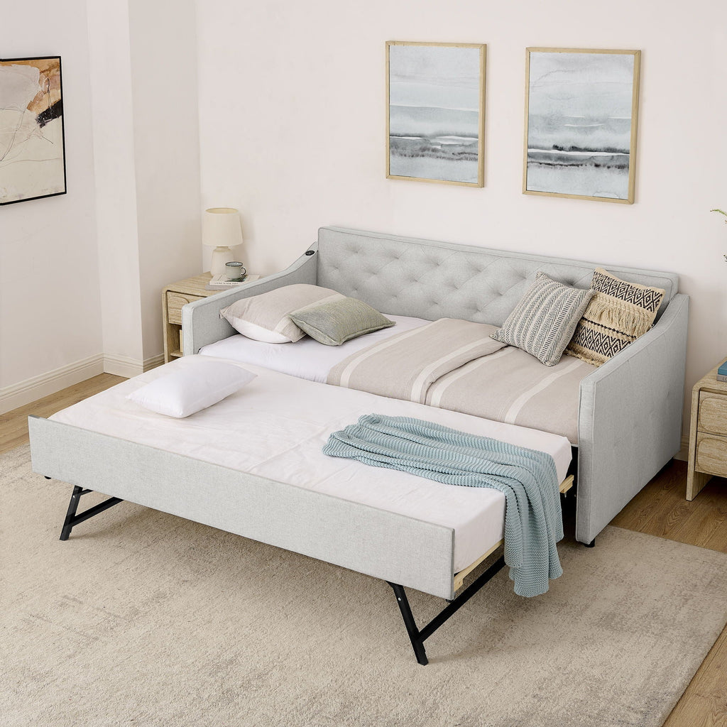 Daybed With Pop Up Trundle And USB Charging Armrest