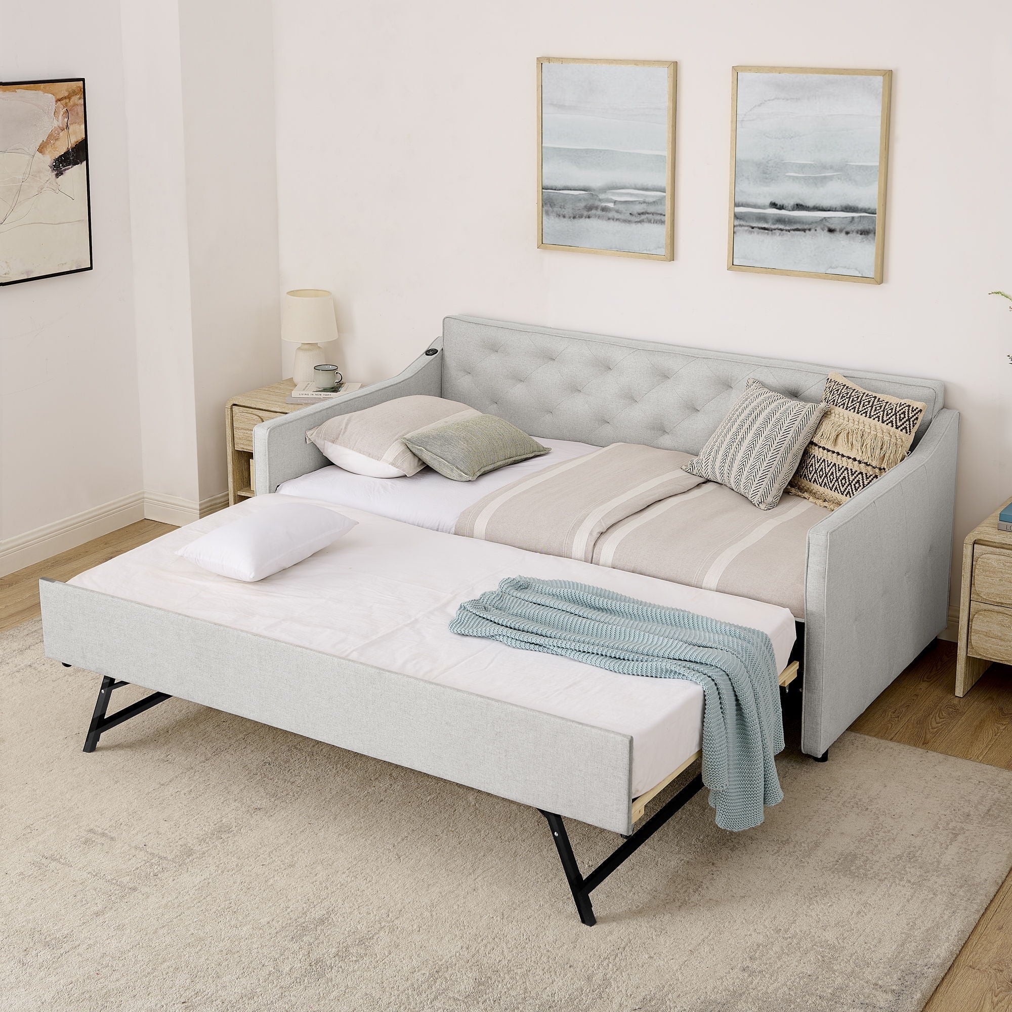 Daybed With Pop Up Trundle And USB Charging Armrest