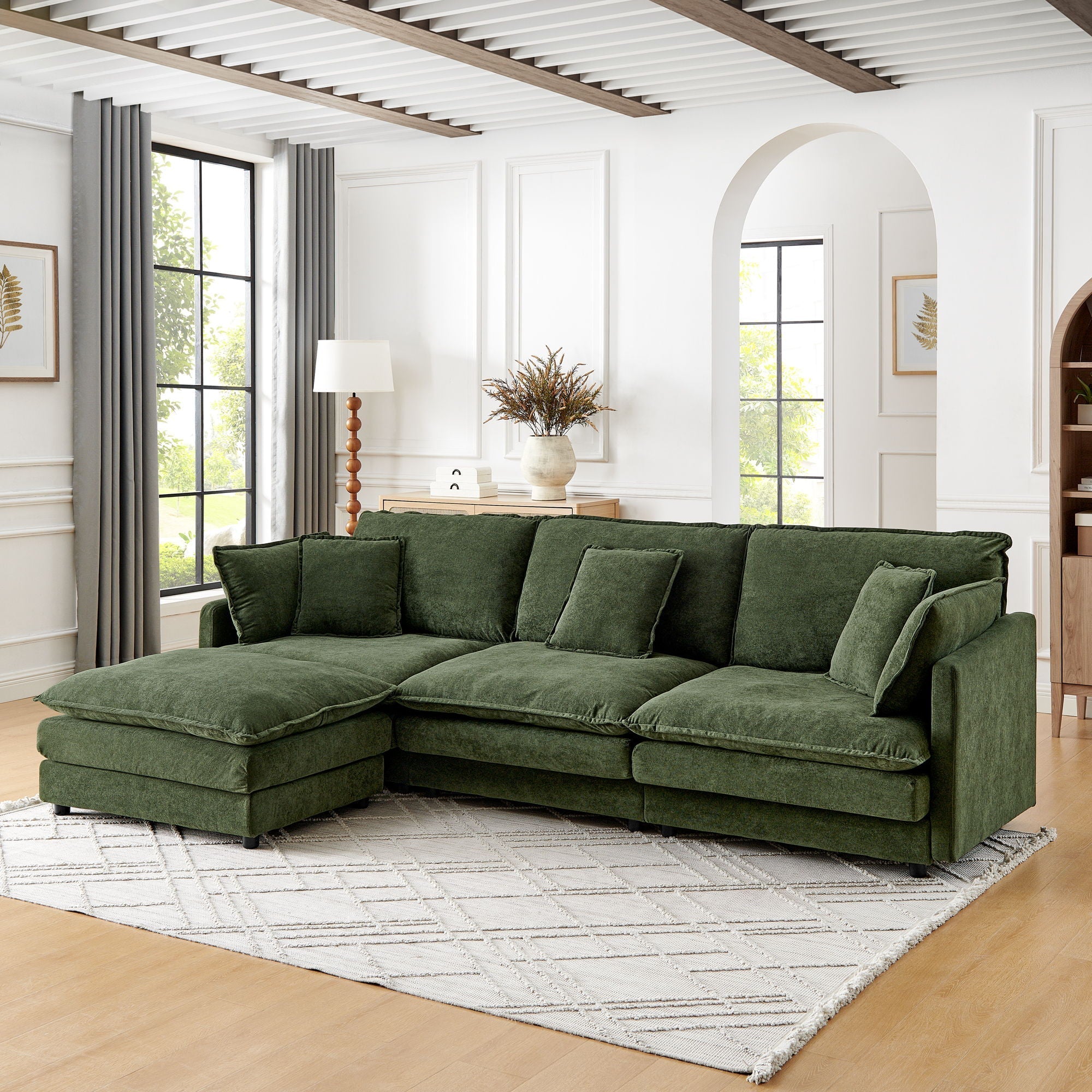 L-Shaped Sectional Sofa With Ottoman, Convertible 4 Seater Couch