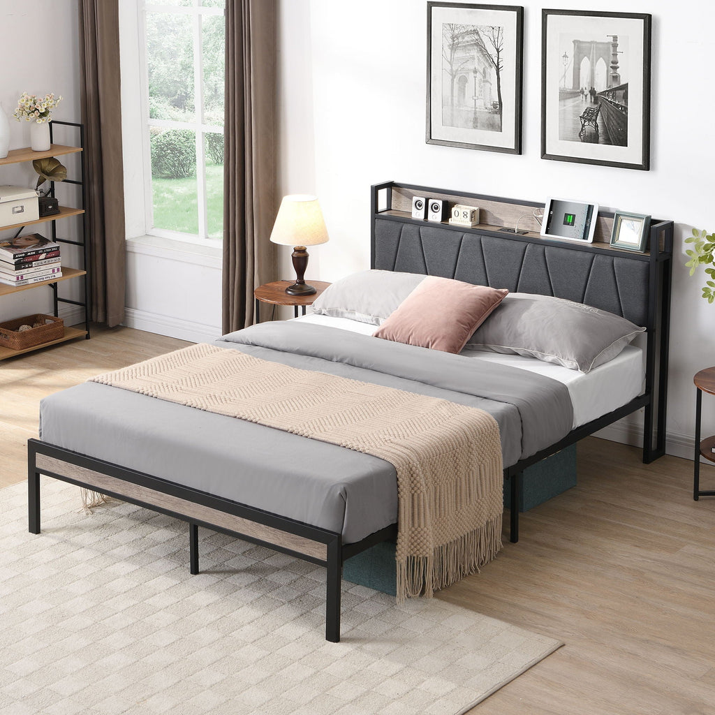 Modern Bed Frame With LED Lights, Upholstered Headboard, USB Charging