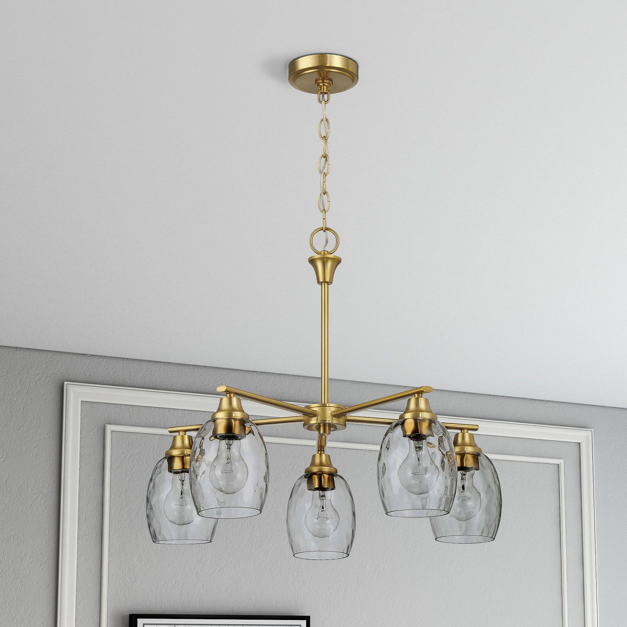 5 Lights Linear Arms With Chain Chandelier - Clear / Gold