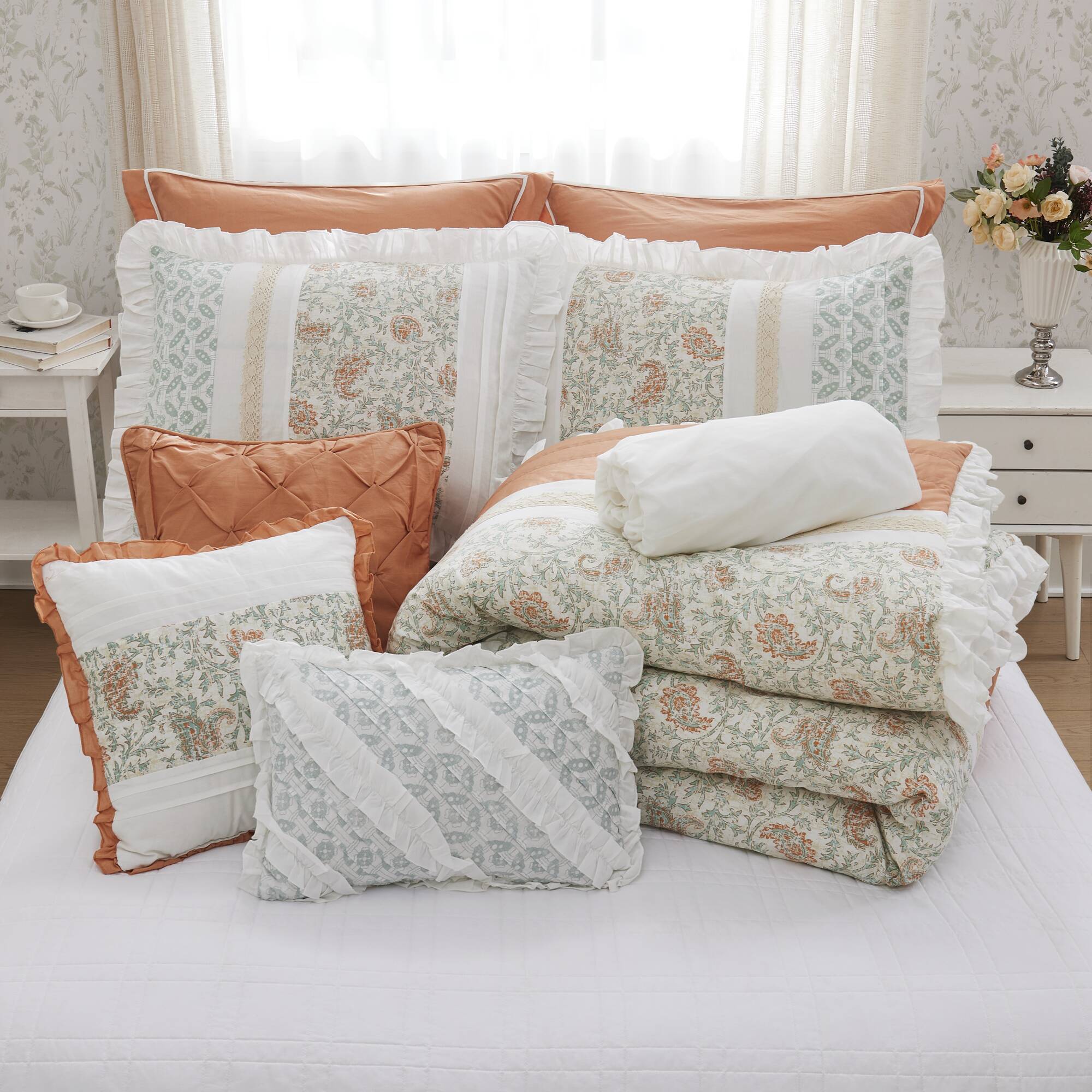 9 Piece Cotton Percale Comforter Set Coral Queen
