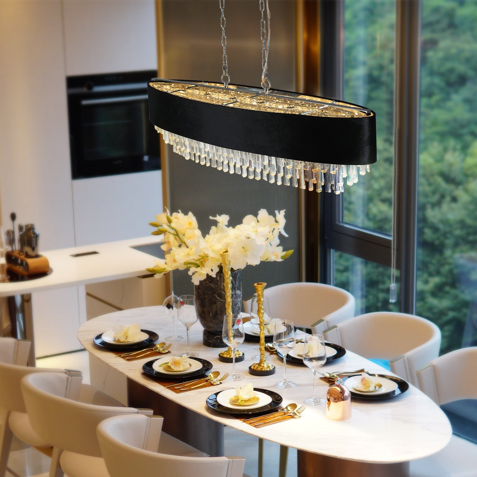 39' Modern Crystal Chandelier with Black Imitation Velvet Shade