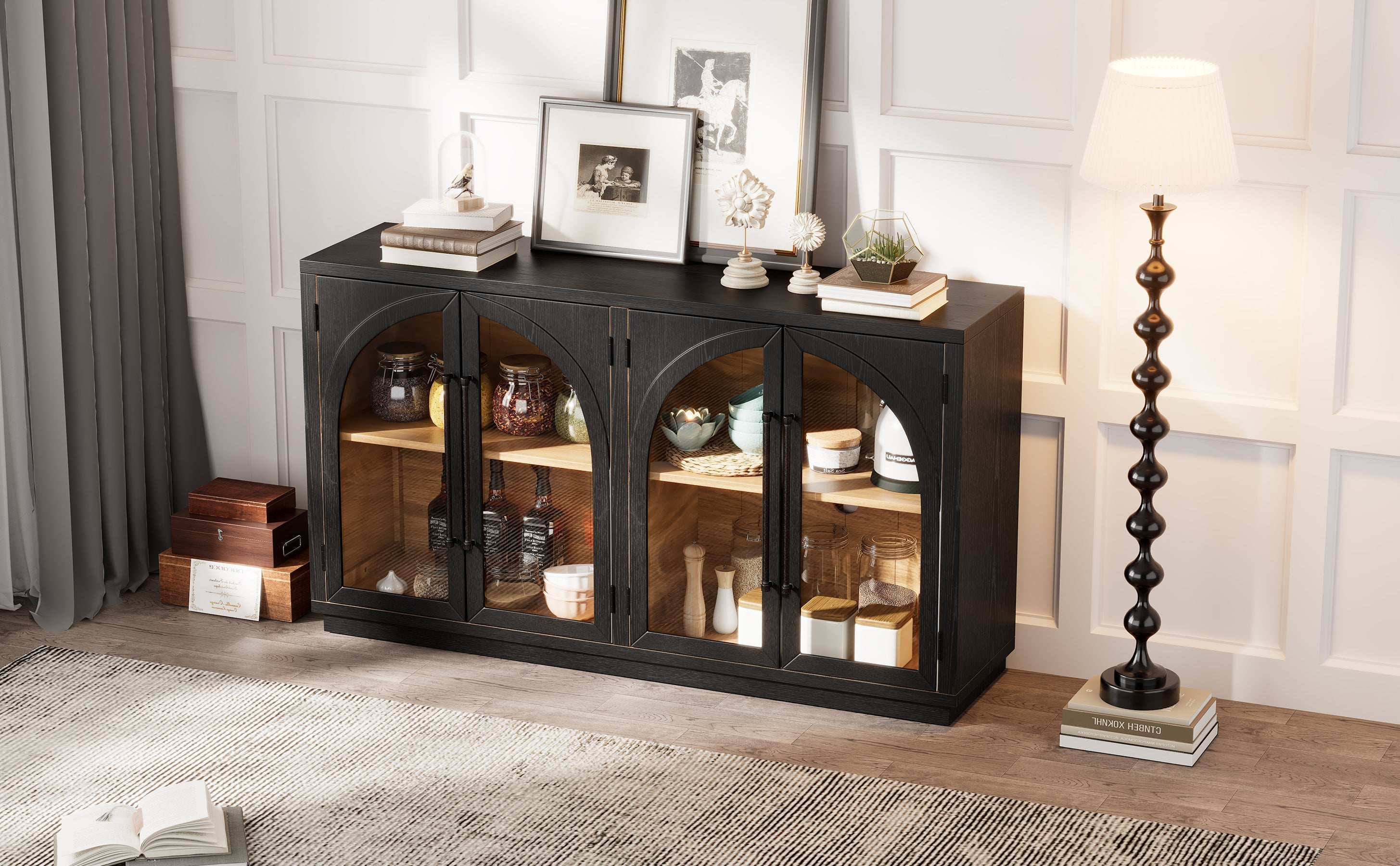 4-Door Large Storage Sideboard Buffet Cabinet with Glass Doors Arched Cabinet (Black)
