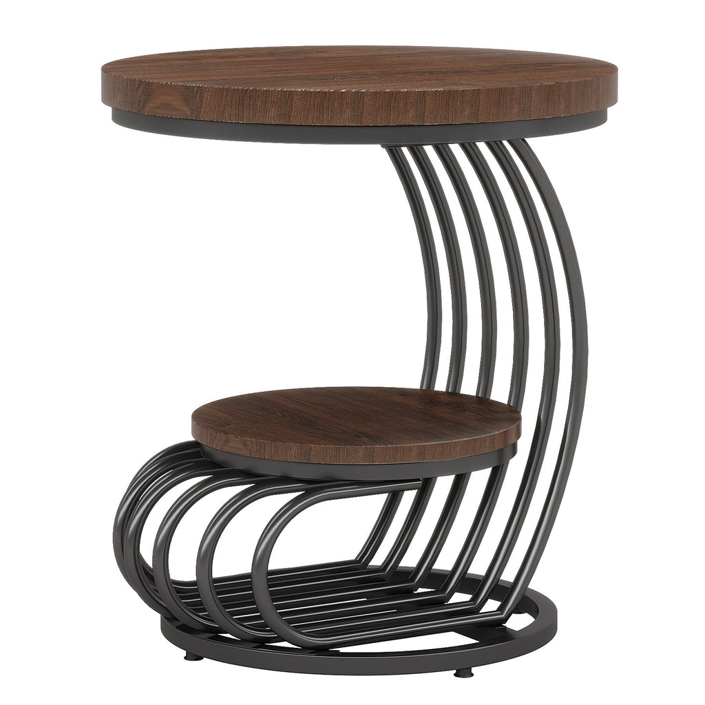 Round Vintage End Table With 2 Tier Storage