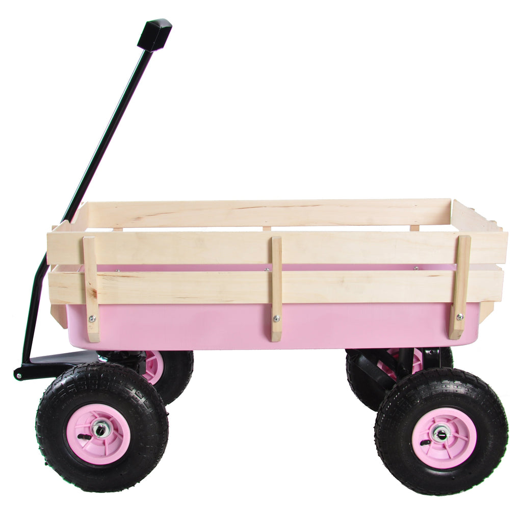 Outdoor All Terrain Garden Wagon with Wooden Railings and Pneumatic Tires