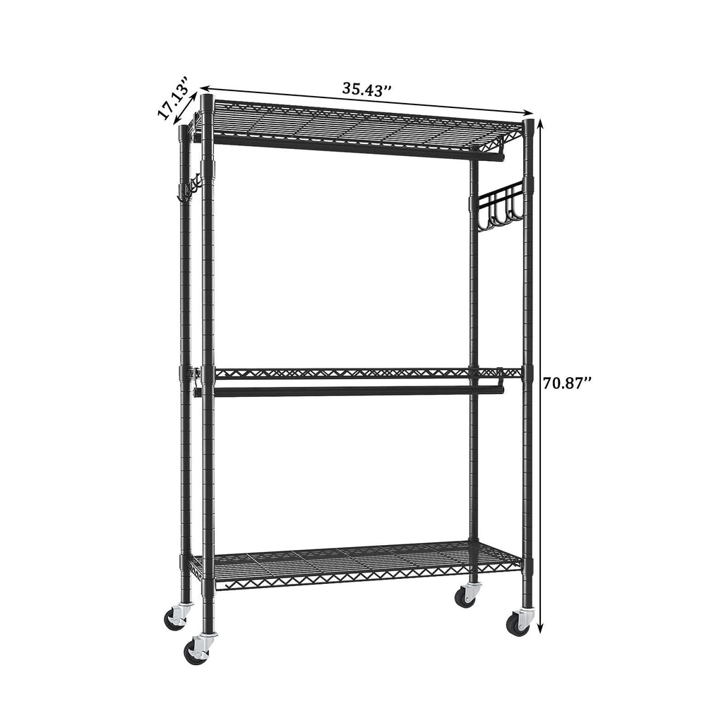 Heavy Duty Rolling Clothes Rack With 3 Tier Shelves, 2 Rails & Side Hooks