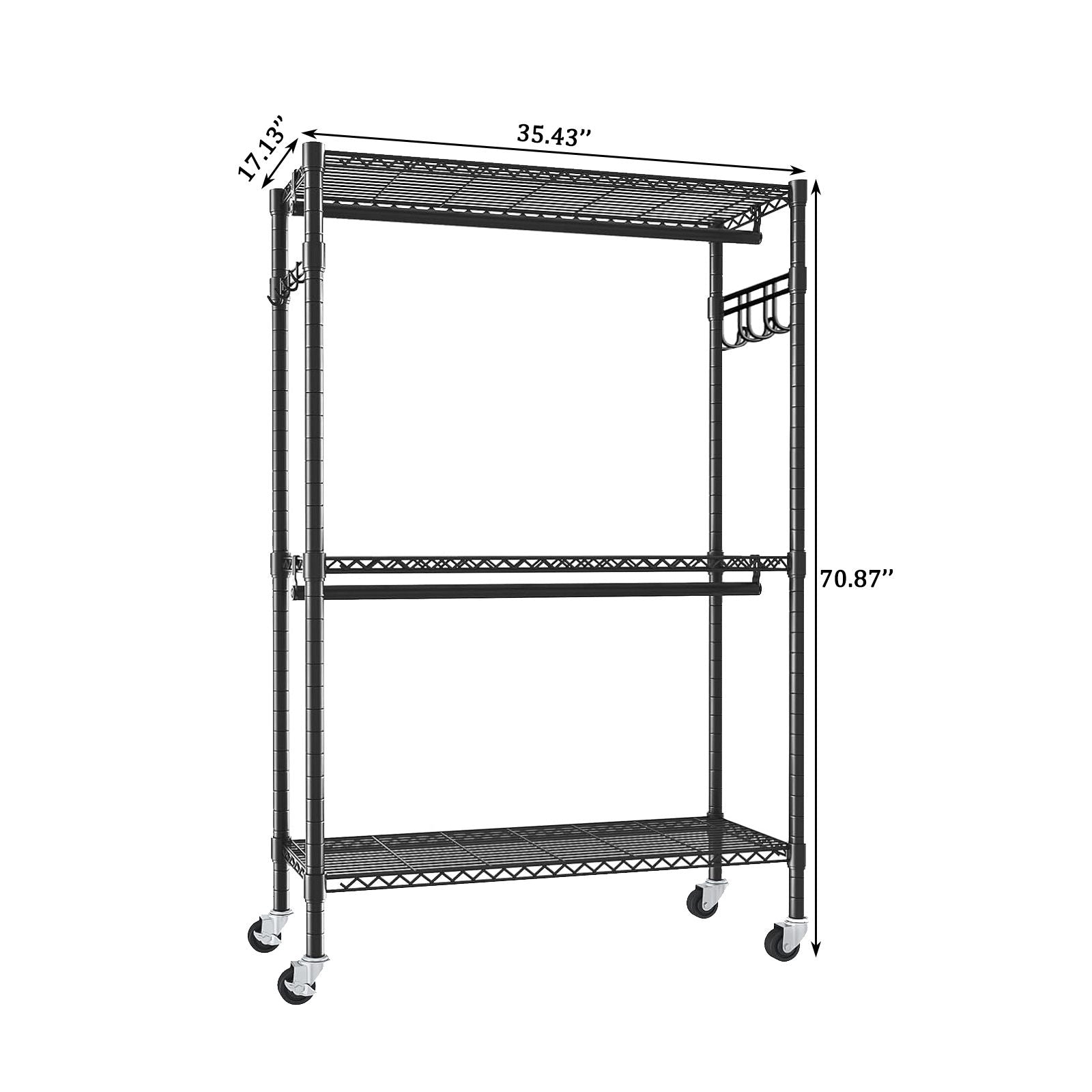 Heavy Duty Rolling Clothes Rack With 3 Tier Shelves, 2 Rails & Side Hooks