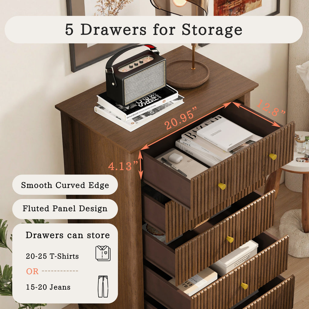 Fluted 5 Drawer Dresser, 45 Inch Tall Modern Chest of Drawers