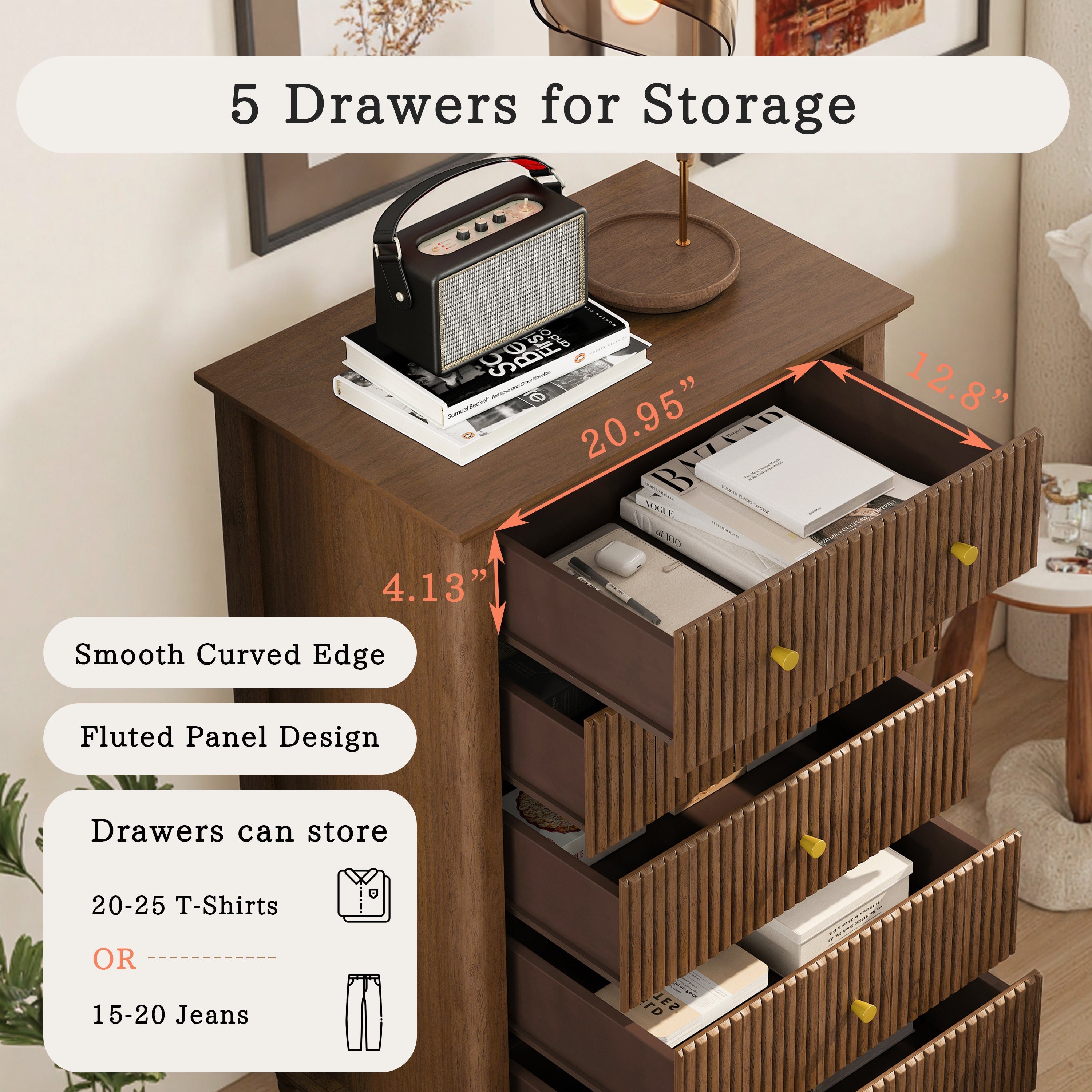 Fluted 5 Drawer Dresser, 45 Inch Tall Modern Chest of Drawers