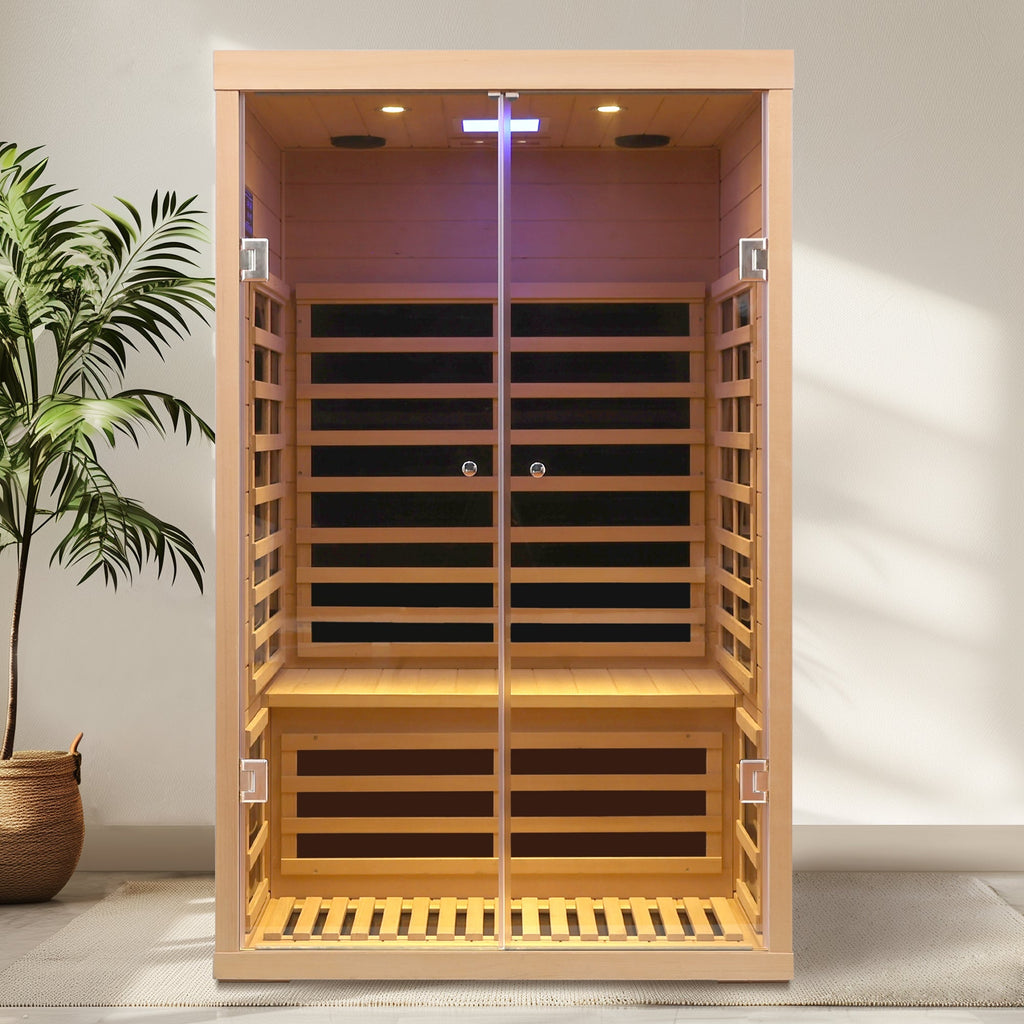 Luxury Indoor Hemlock Infrared Sauna Room with Double Doors and Glass for Two Persons