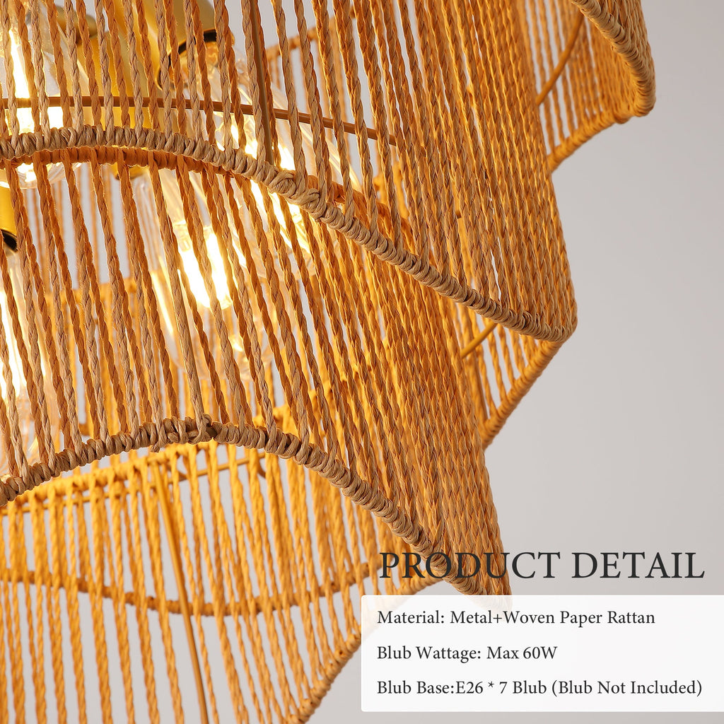 Handwoven Paper Rattan Boho Chandelier with 7-Light E26 Base