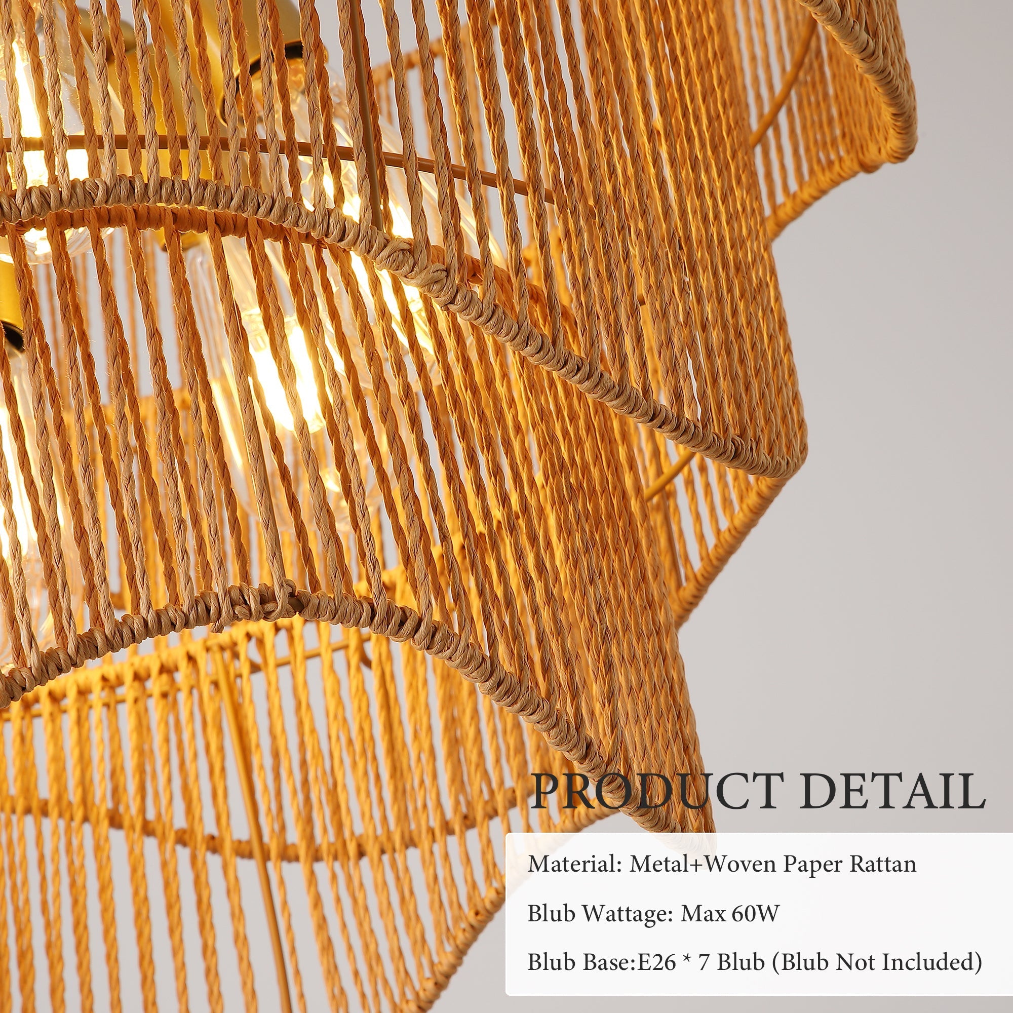 Handwoven Paper Rattan Boho Chandelier with 7-Light E26 Base