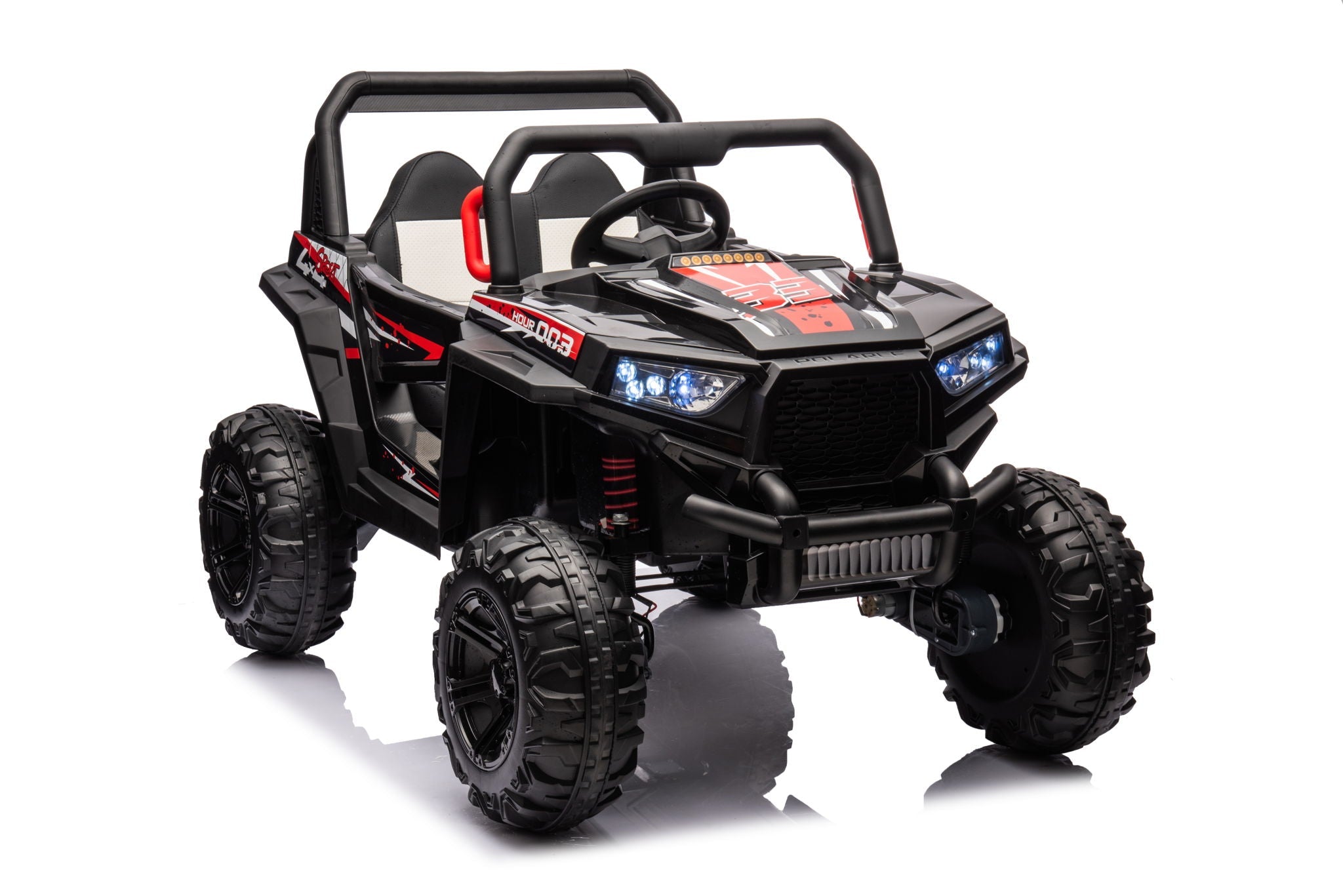 12V7A*1 30W*4 Four-Wheel Drive Seat One Button Start, Forward And Backward, High And Low Speed, Music, Front Light, Power Display, Two Doors Can Open, 2.4G R / C, Seat Belt Four Wheel Absorber
