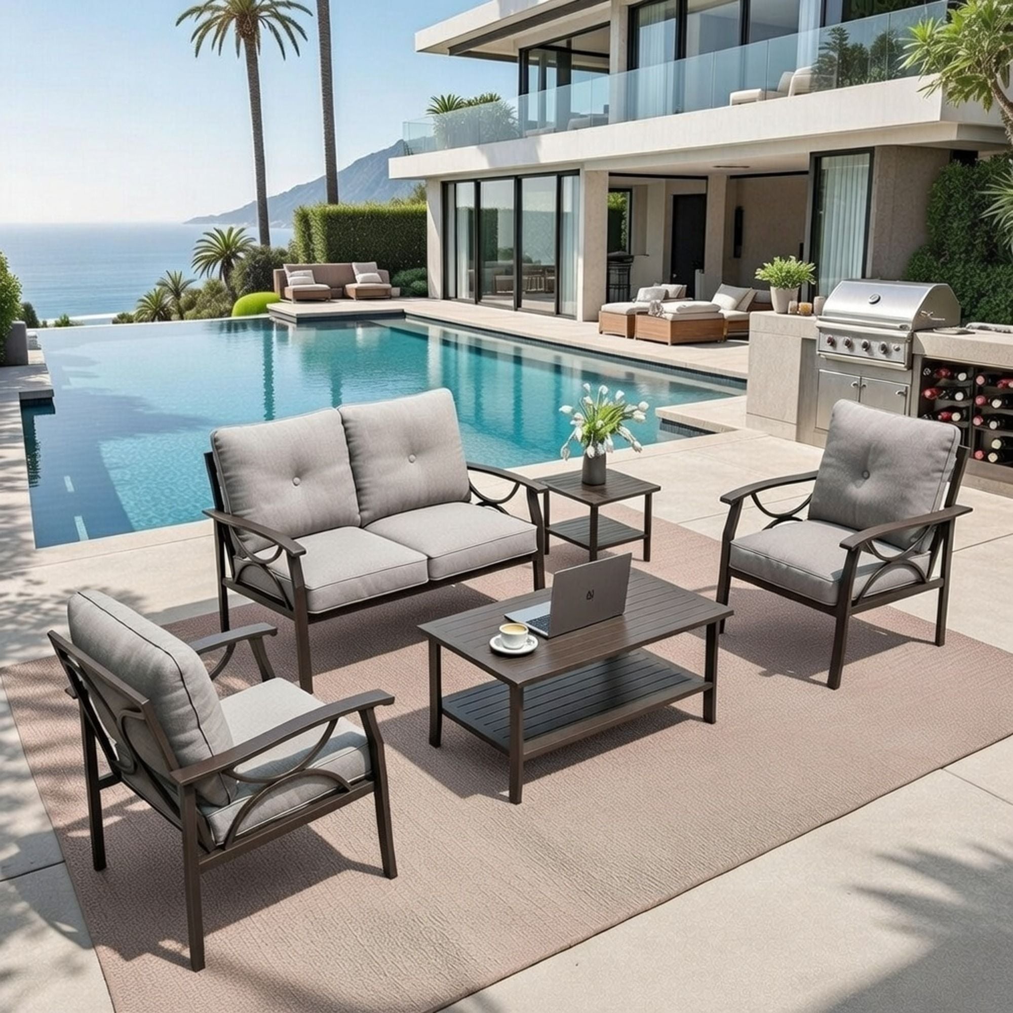 Patio Furniture Set with Coffee Table and Cushions for Backyard