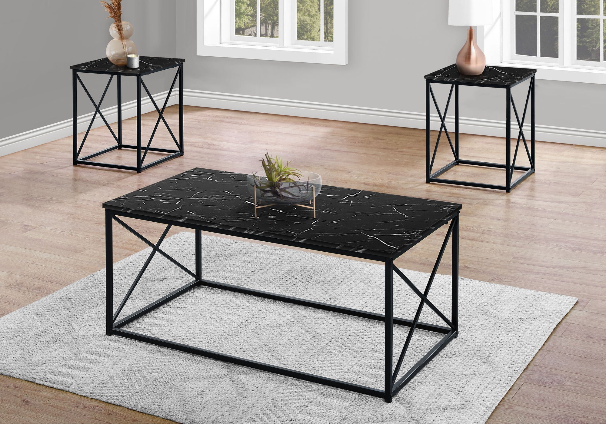 3-Piece Contemporary Living Room Table Set with Marble Look Finish