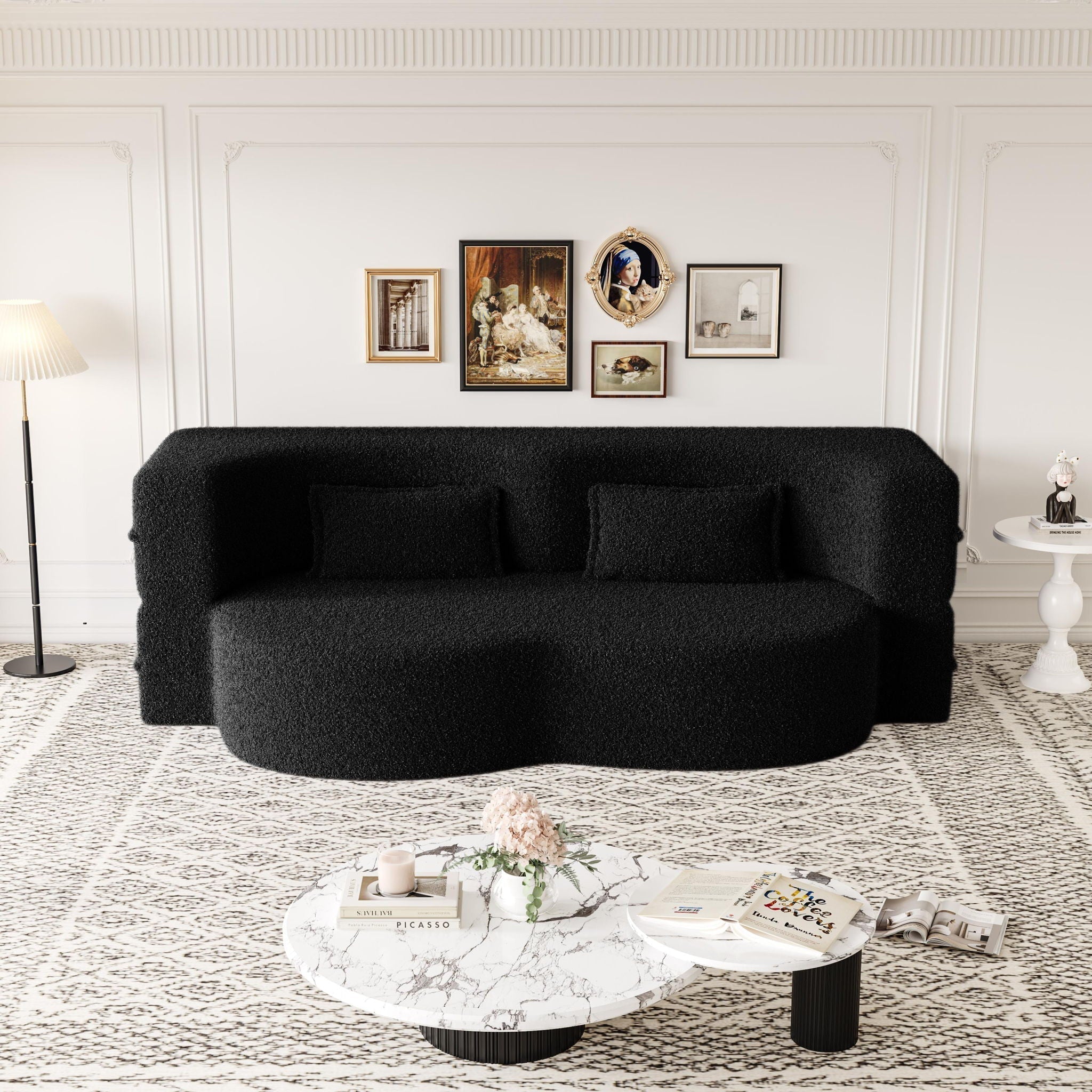 Modern Floor Sofa With Two Pillows Convertible Teddy Fabric Foam Filled Bed