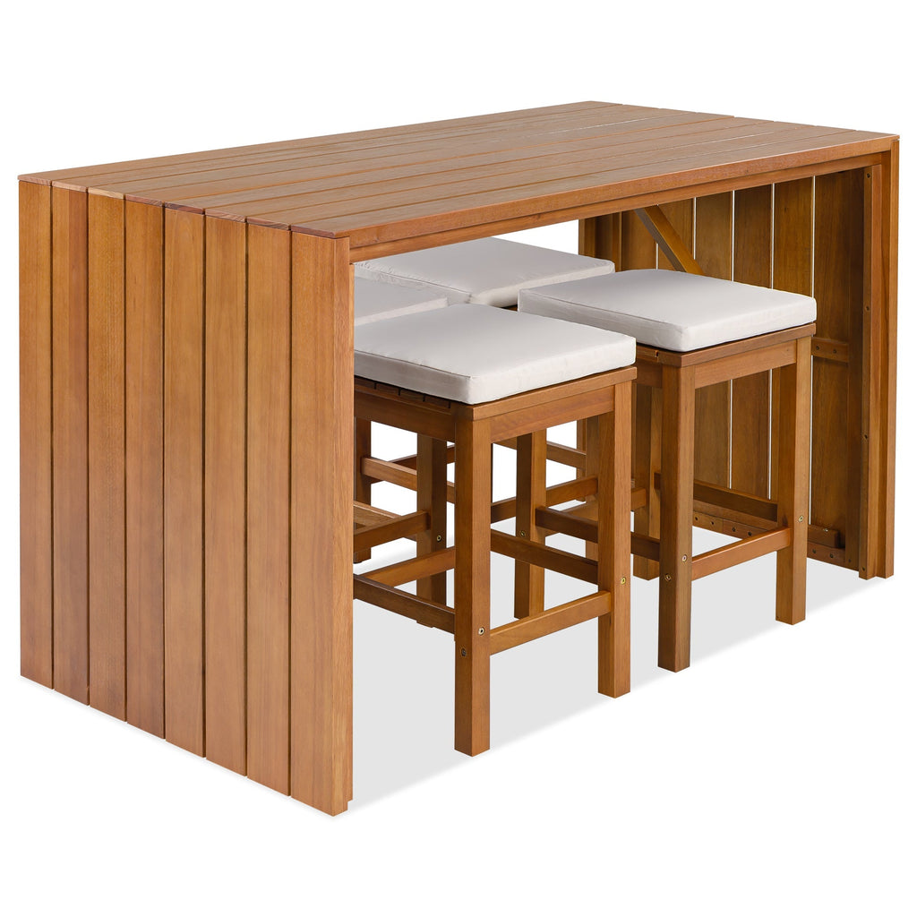 5 Piece Outdoor Bar Set with Acacia Wood Table & Cushioned Stools