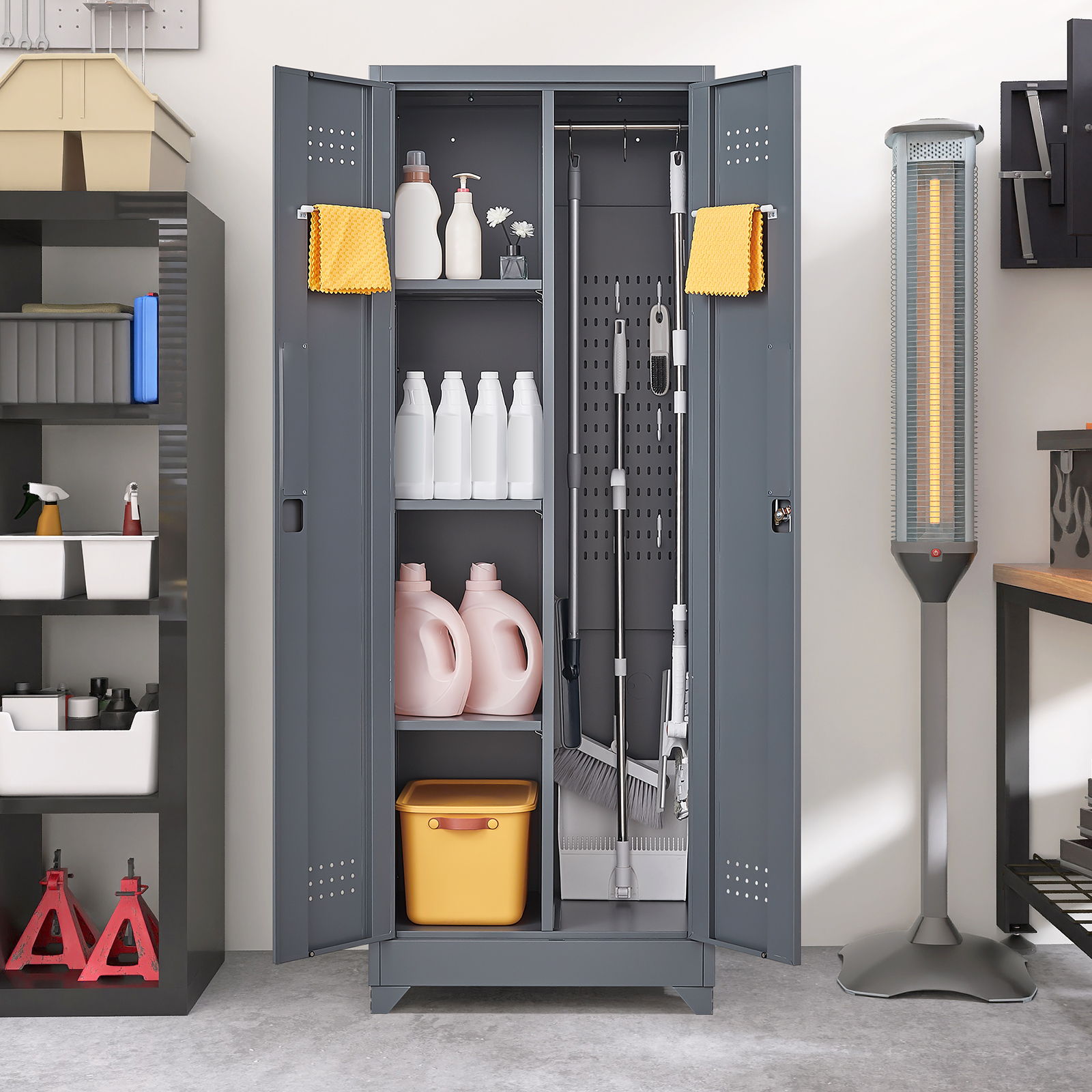Heavy Duty Storage Cabinet With Locking Doors, Hanging Rod & Shelves, Broom Closet - Gray