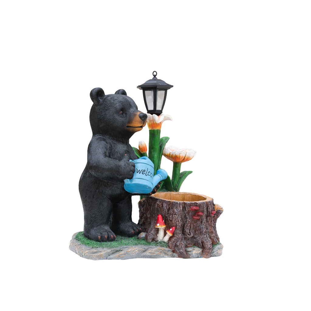 Standing Black Bear Garden Planter with Decorative Solar Lantern