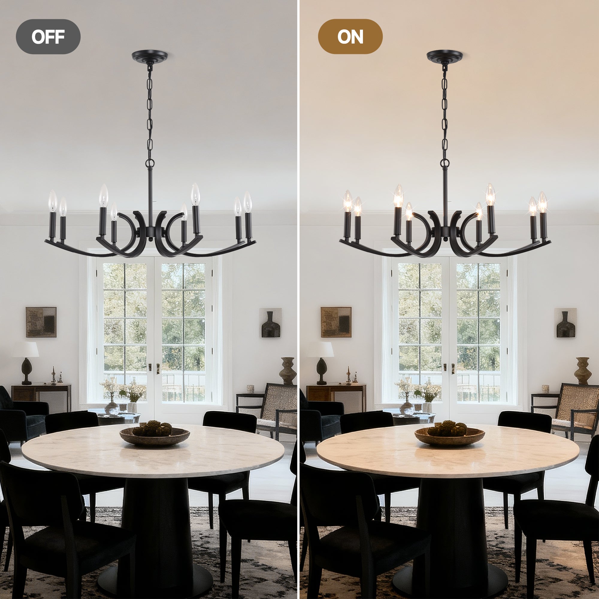 8-Light Farmhouse Chandelier, Black Metal