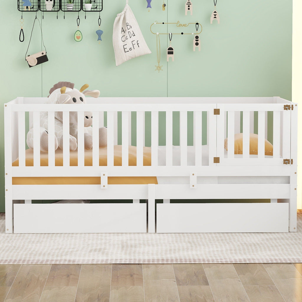 Daybed With Fence Guardrails And 2 Drawers, Split Into Independent Floor Bed & Daybed