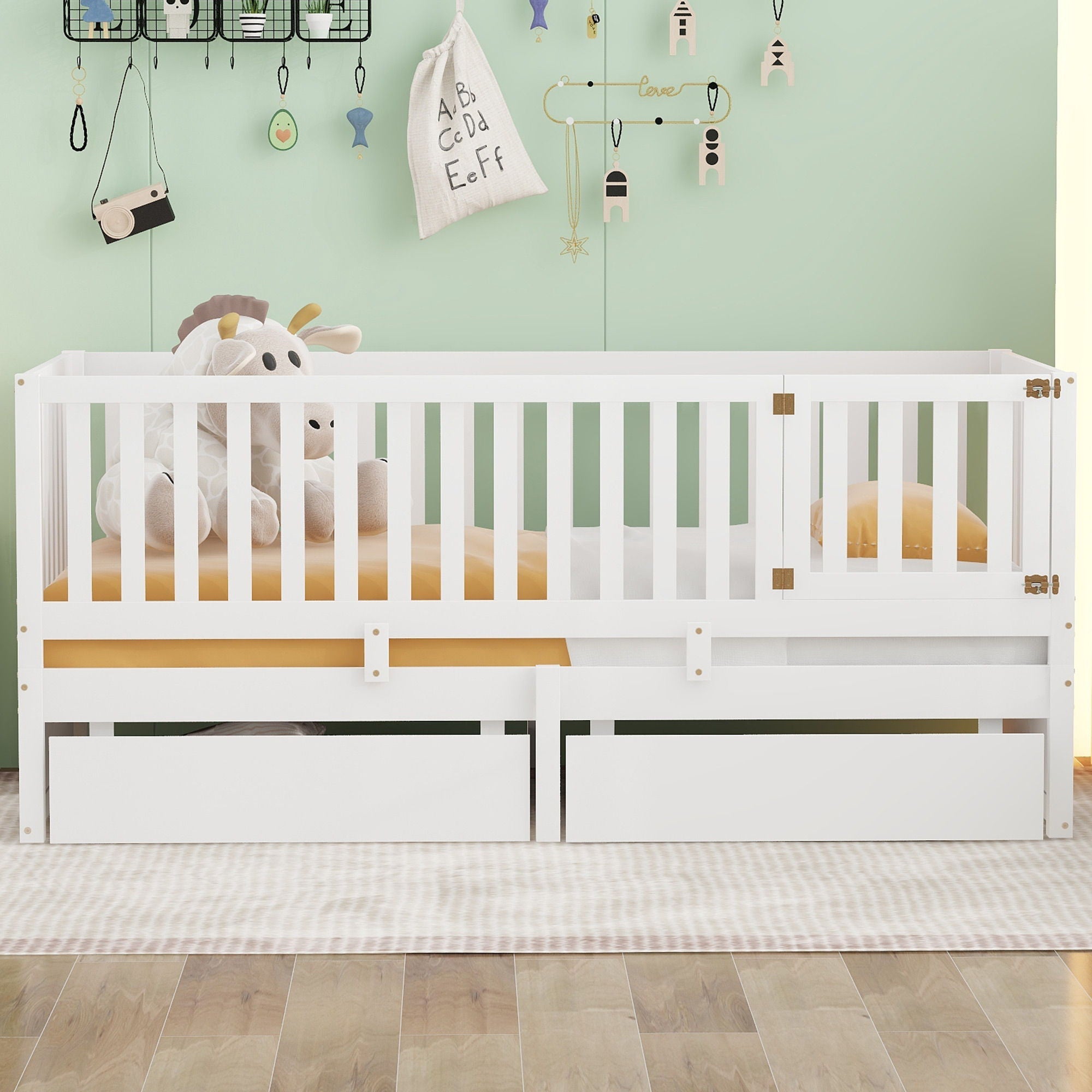 Daybed With Fence Guardrails And 2 Drawers, Split Into Independent Floor Bed & Daybed
