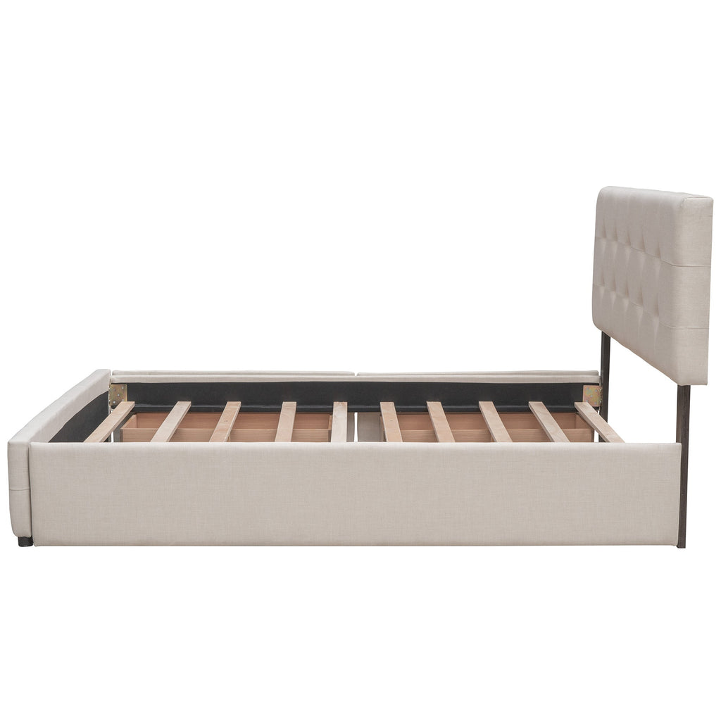Upholstered Platform Bed with 2 Drawers and 1 Twin XL Trundle,  Linen Fabric, Queen Size - Dark Beige(OLD SKU :LP100314AAA)