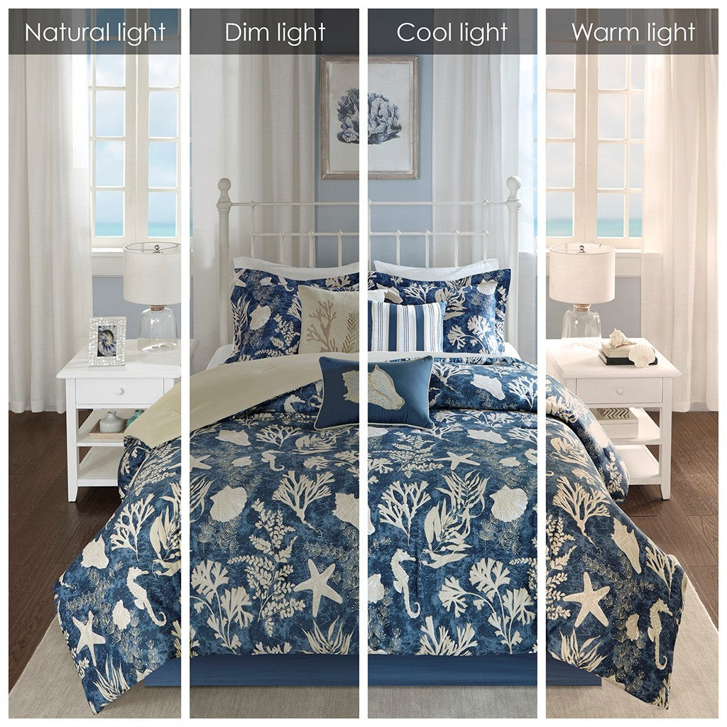 7 Piece Cotton Sateen Comforter Set Blue Cal King