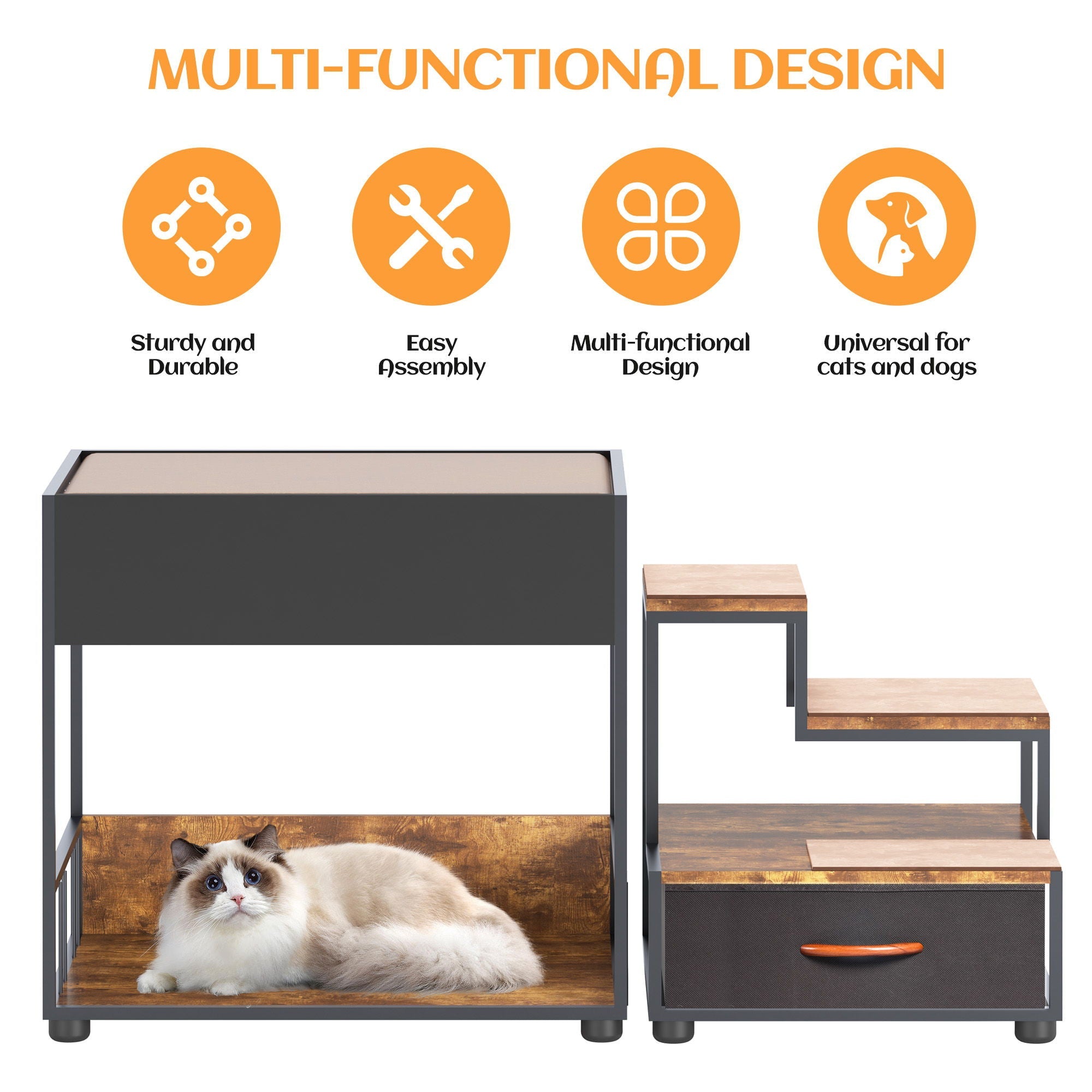Pet Step Window Perch, Bunk Beds Window Perch For Dogs Bedside Lounge Elevated Dog Bed Multi-Level Platform With Sponge, Non-Slip Pad And Storage - Black / Vintage