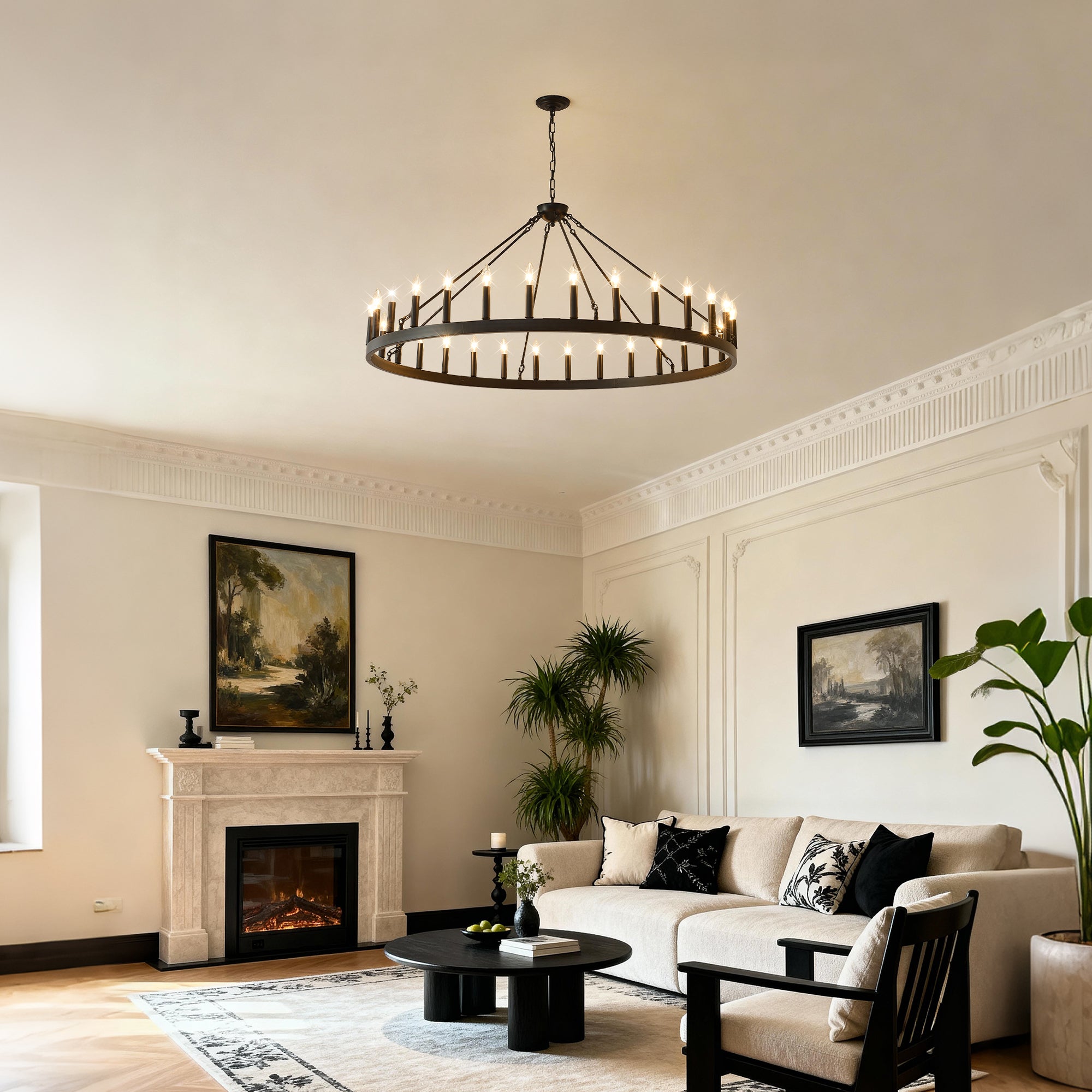 53.15 Inch Matte Black Wagon Wheel Chandelier with 30 Lights
