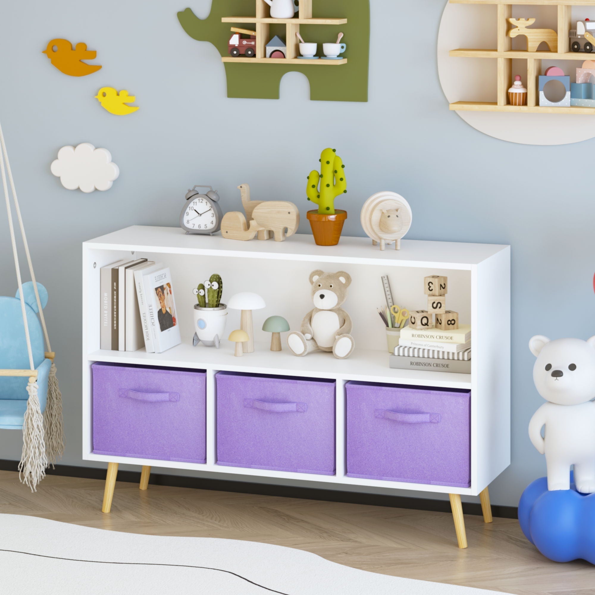 Bookcase With Collapsible Drawers, Book Display Organizer