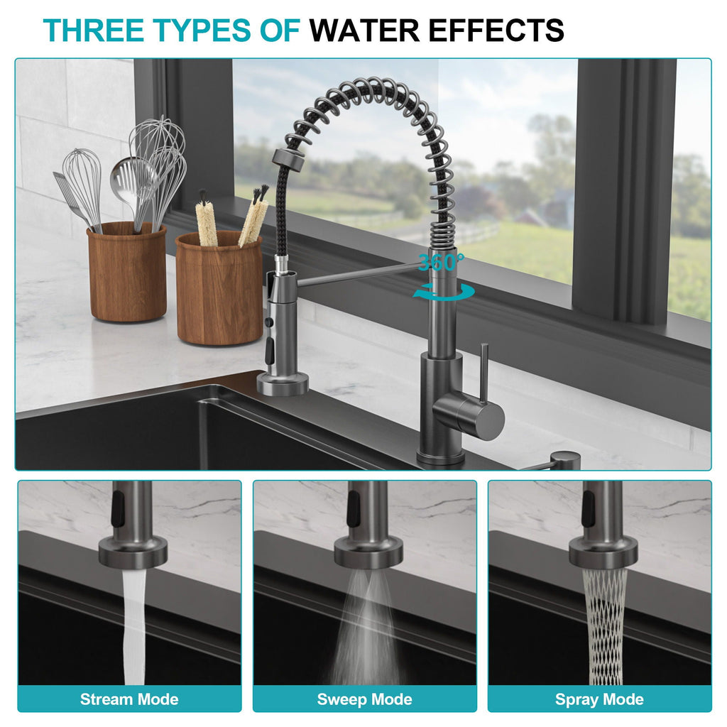 Drop In Kitchen Sink With Pull Out Faucet And Soap Dispenser, Single Bowl Topmount Sink - Gunmetal Black