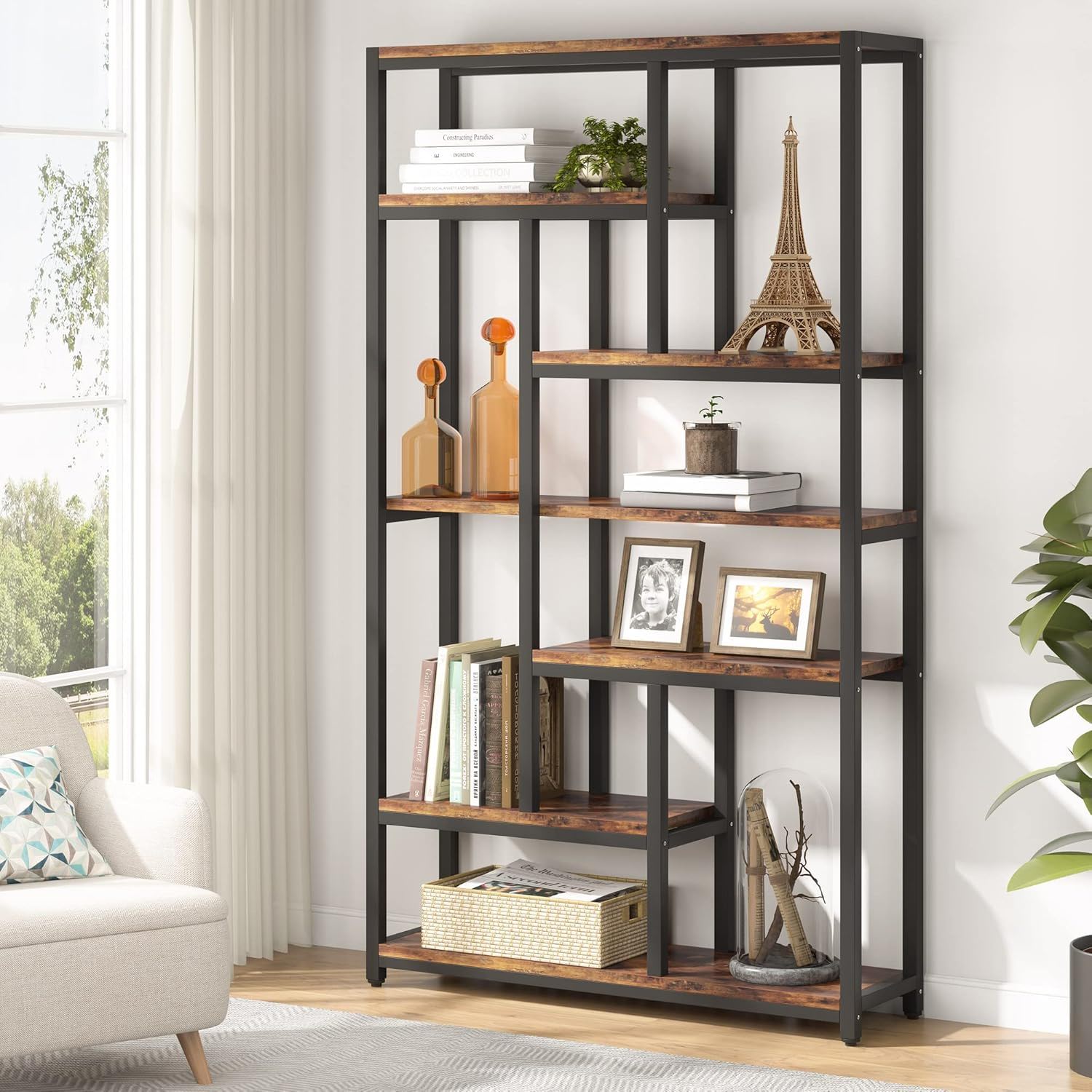 Extra Tall 7 Tier Industrial Etagere Bookcase with 10 Shelves Organizer