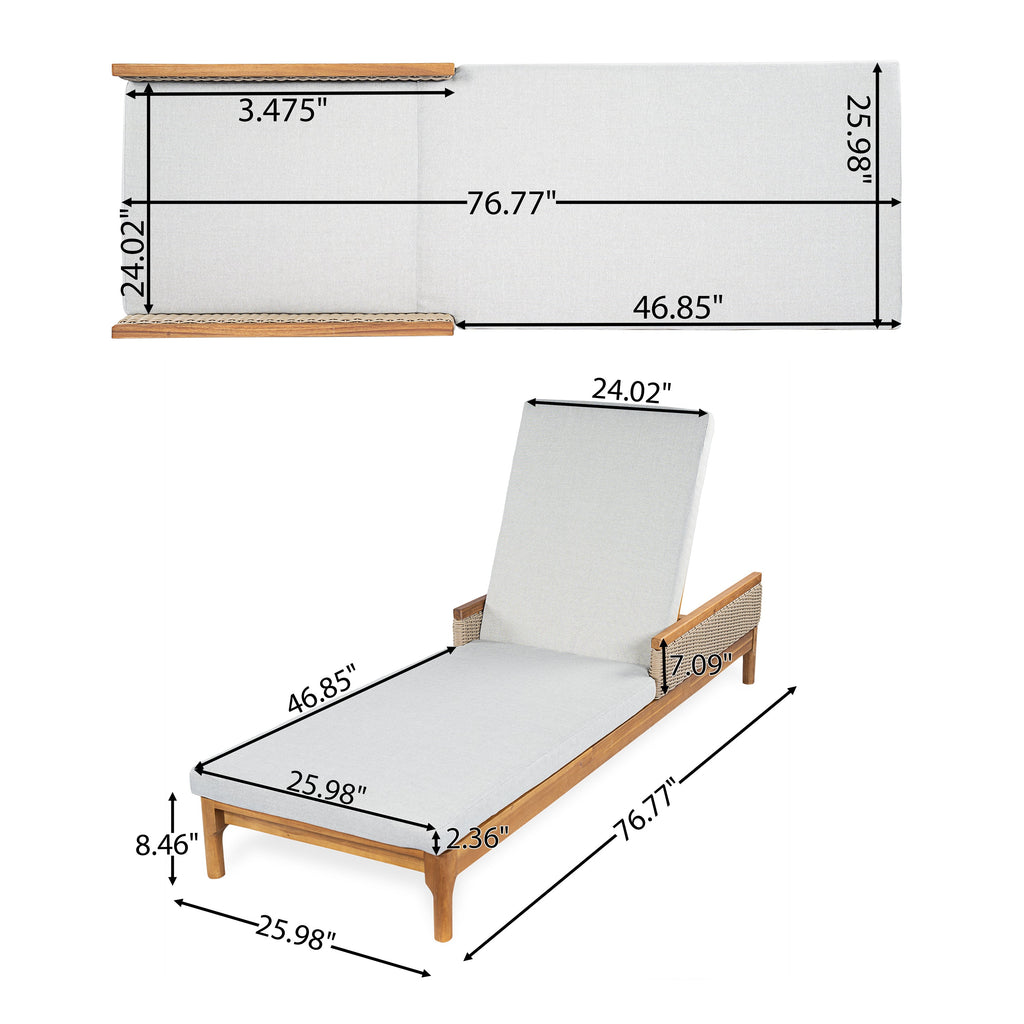 76.8" Solid Acacia Wood Sun Lounger Set of 2 with Grey Cushions