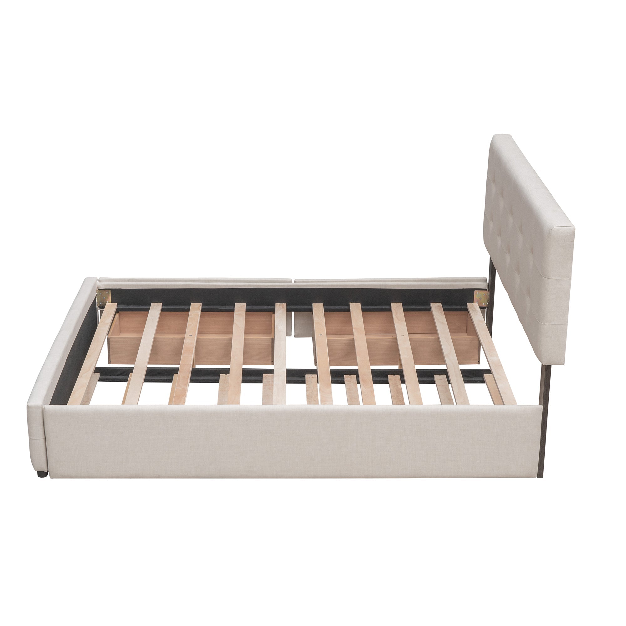 Upholstered Platform Bed with 2 Drawers and 1 Twin XL Trundle,  Linen Fabric, Queen Size - Dark Beige(OLD SKU :LP100314AAA)