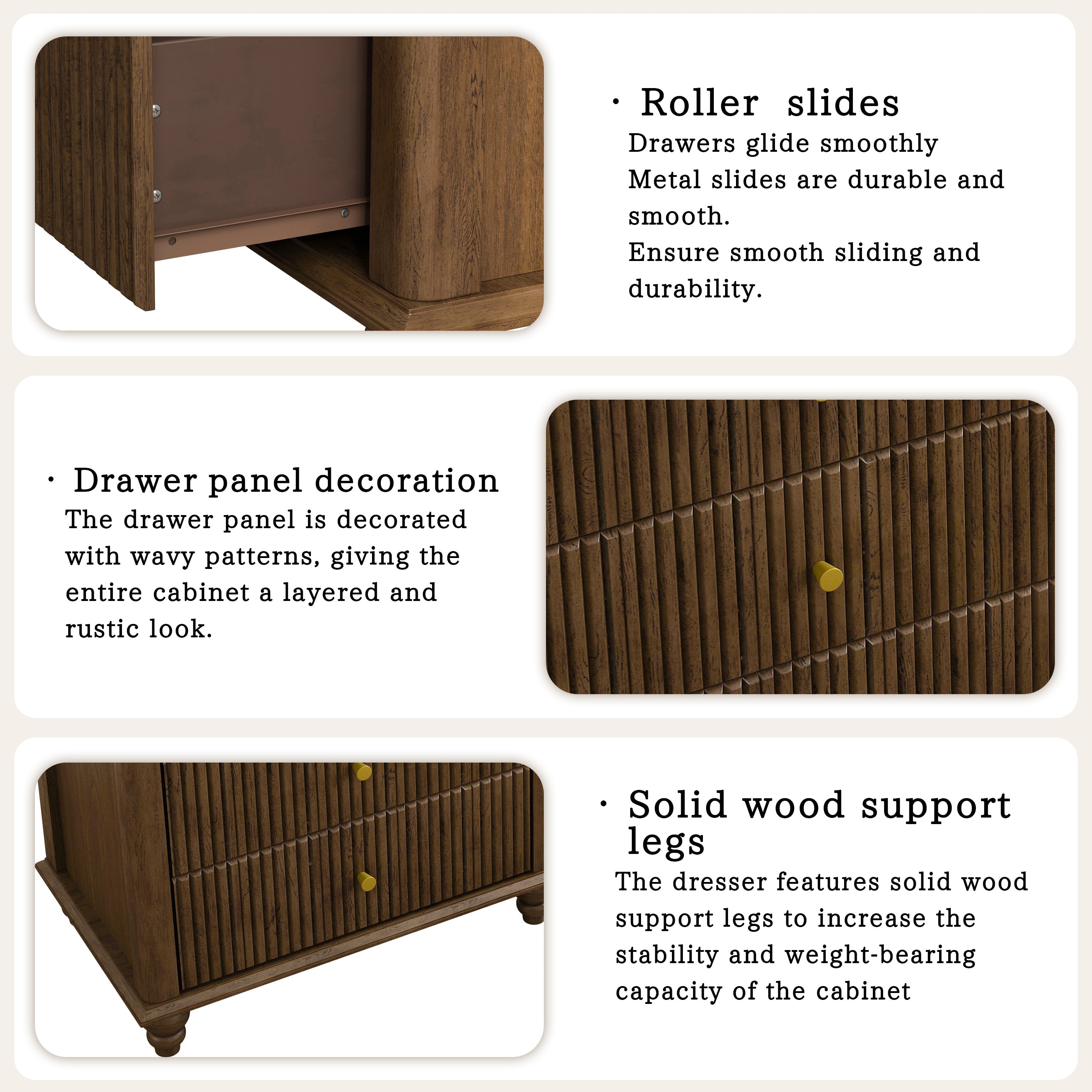Fluted 5 Drawer Dresser, 45 Inch Tall Modern Chest of Drawers