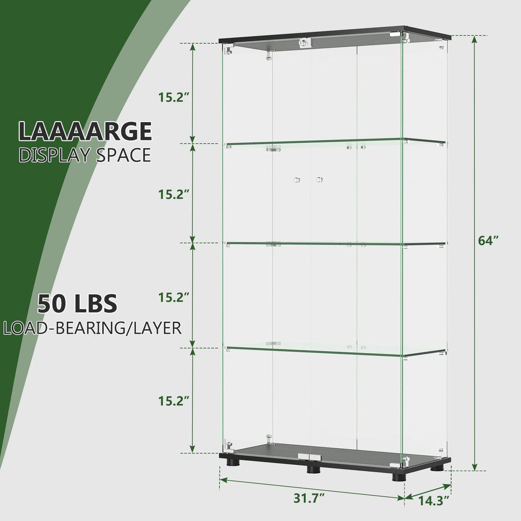 Modern Glass Display Cabinet With 4 Shelf Double Doors And Lock, Tempered Glass Bookshelf For Living Room - Black