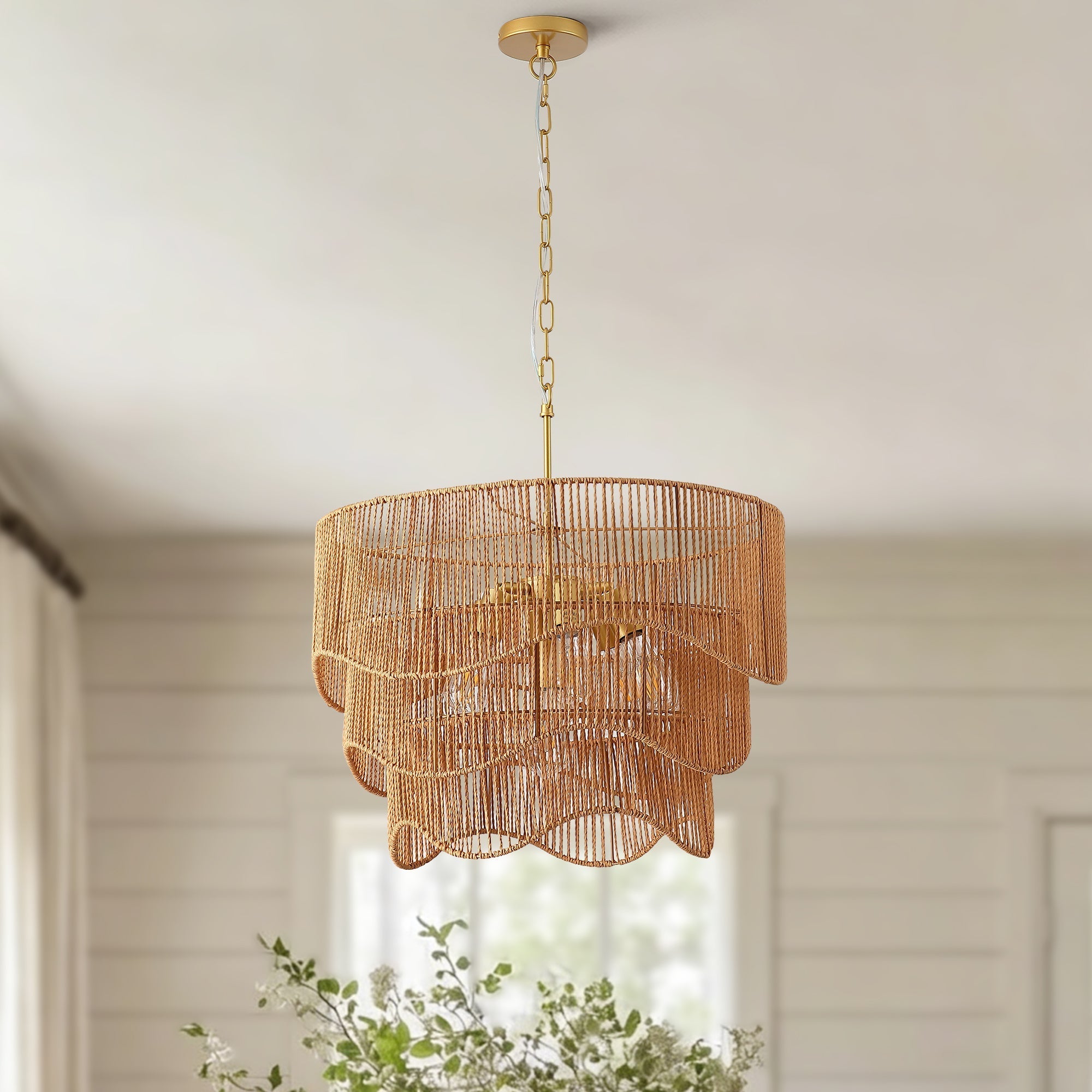 Handwoven Paper Rattan Boho Chandelier with 7-Light E26 Base
