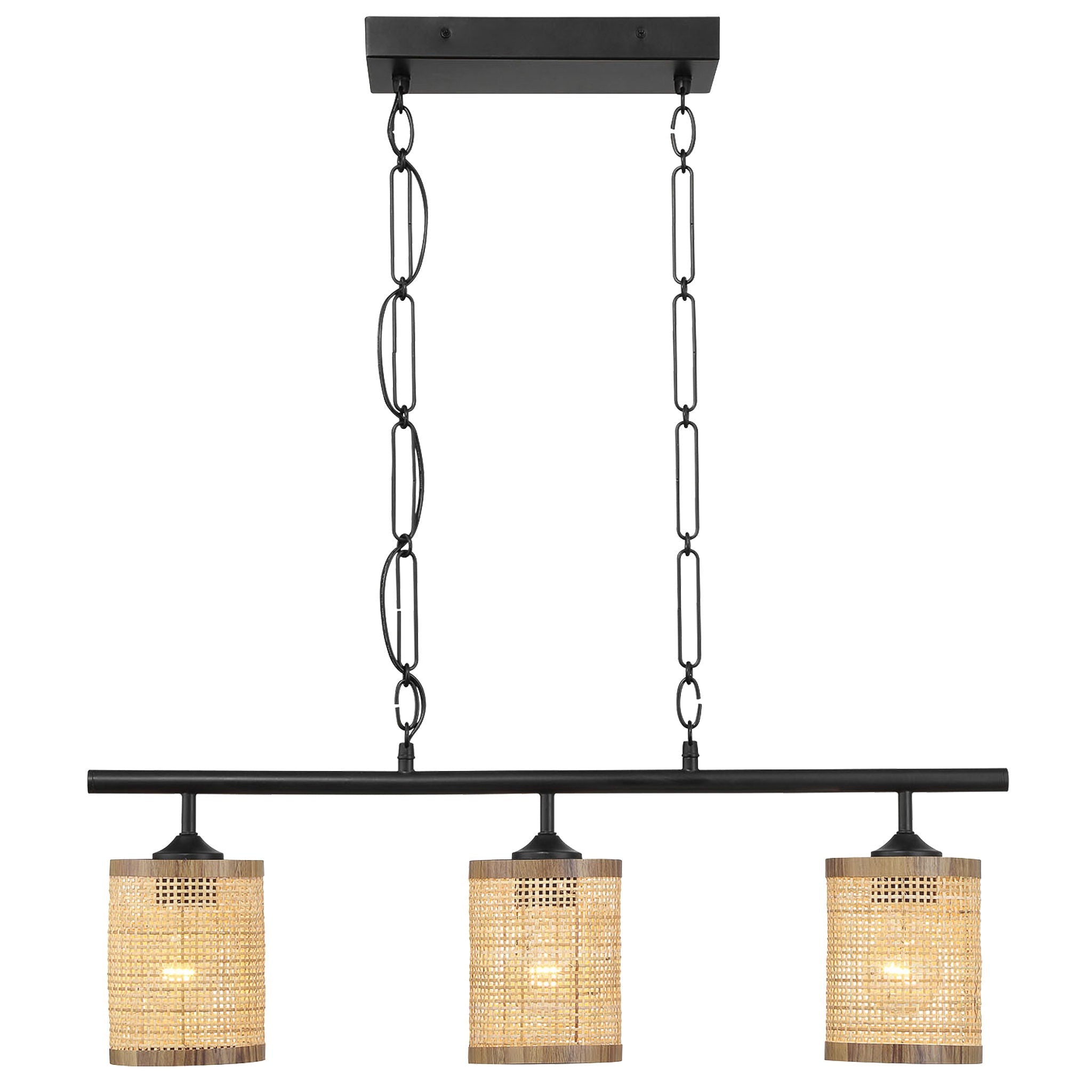 Elysian - 3 Lights Island With Natural Shade Farmhouse Chain Ceiling Lamp - Black / Rattan