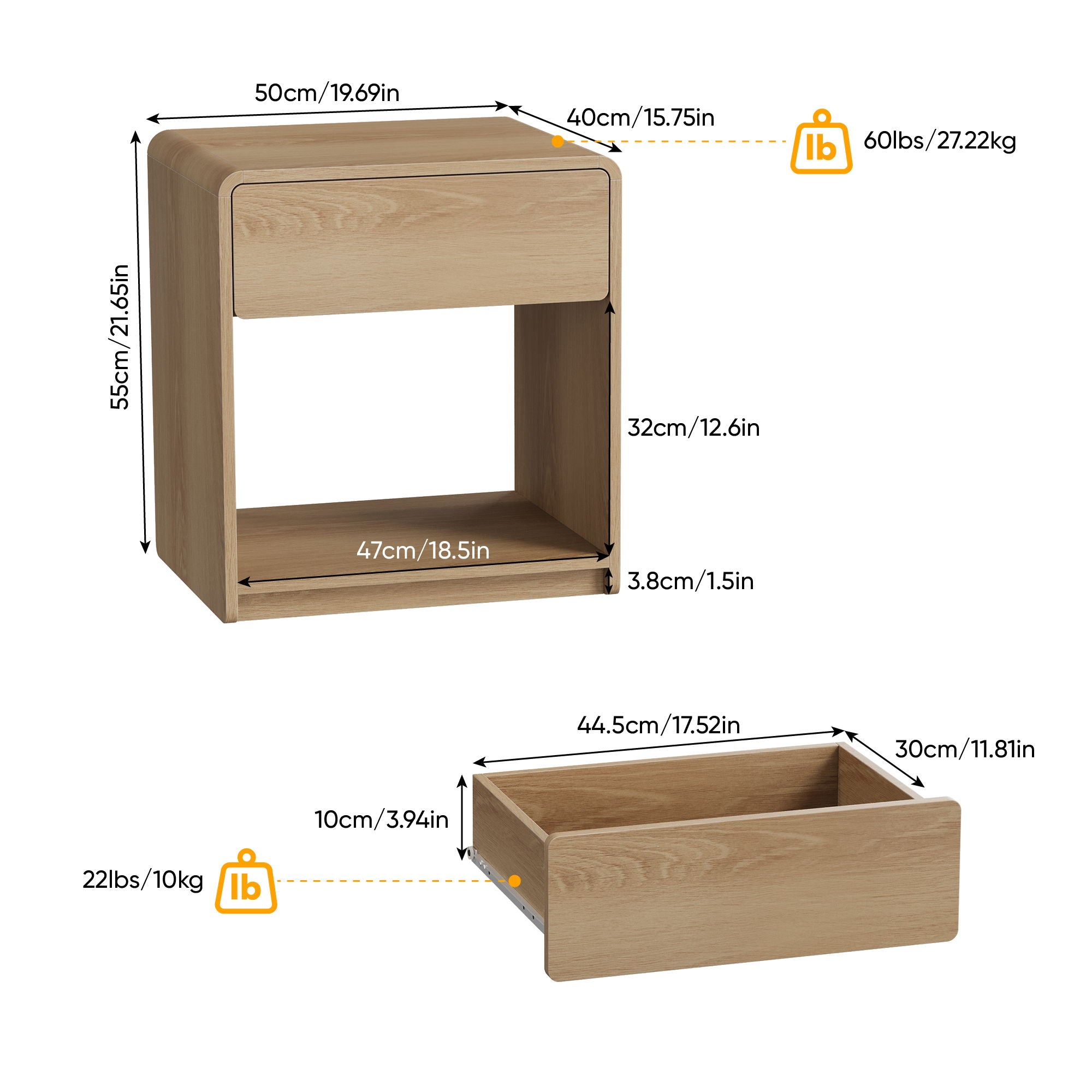 Bedside Table Set With Storage Drawers And Open Shelves, Compact With Rounded Corners (Set of 2) - Oak