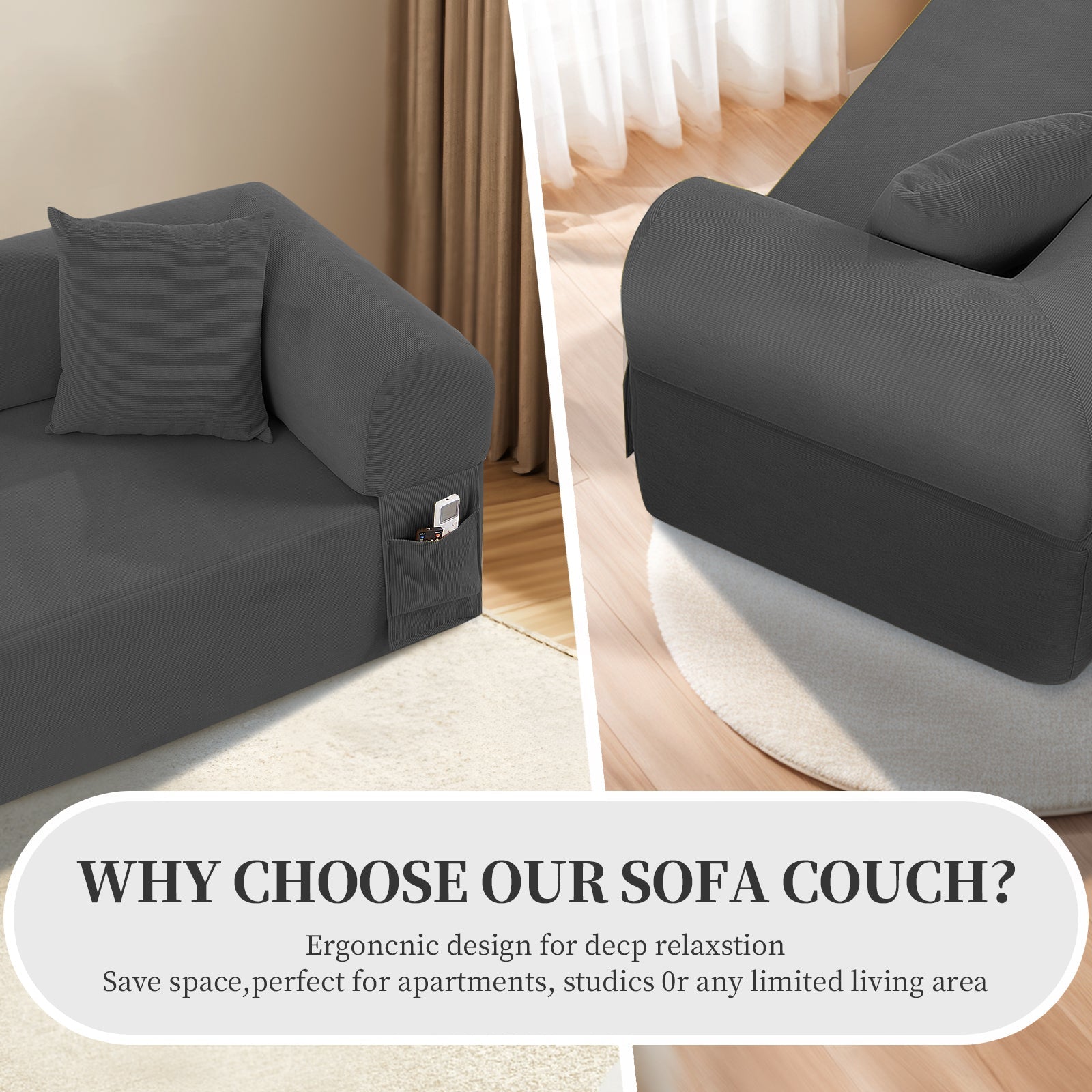 Spring Sofa with High-Quality Fabric, Pillows & Storage - Gray